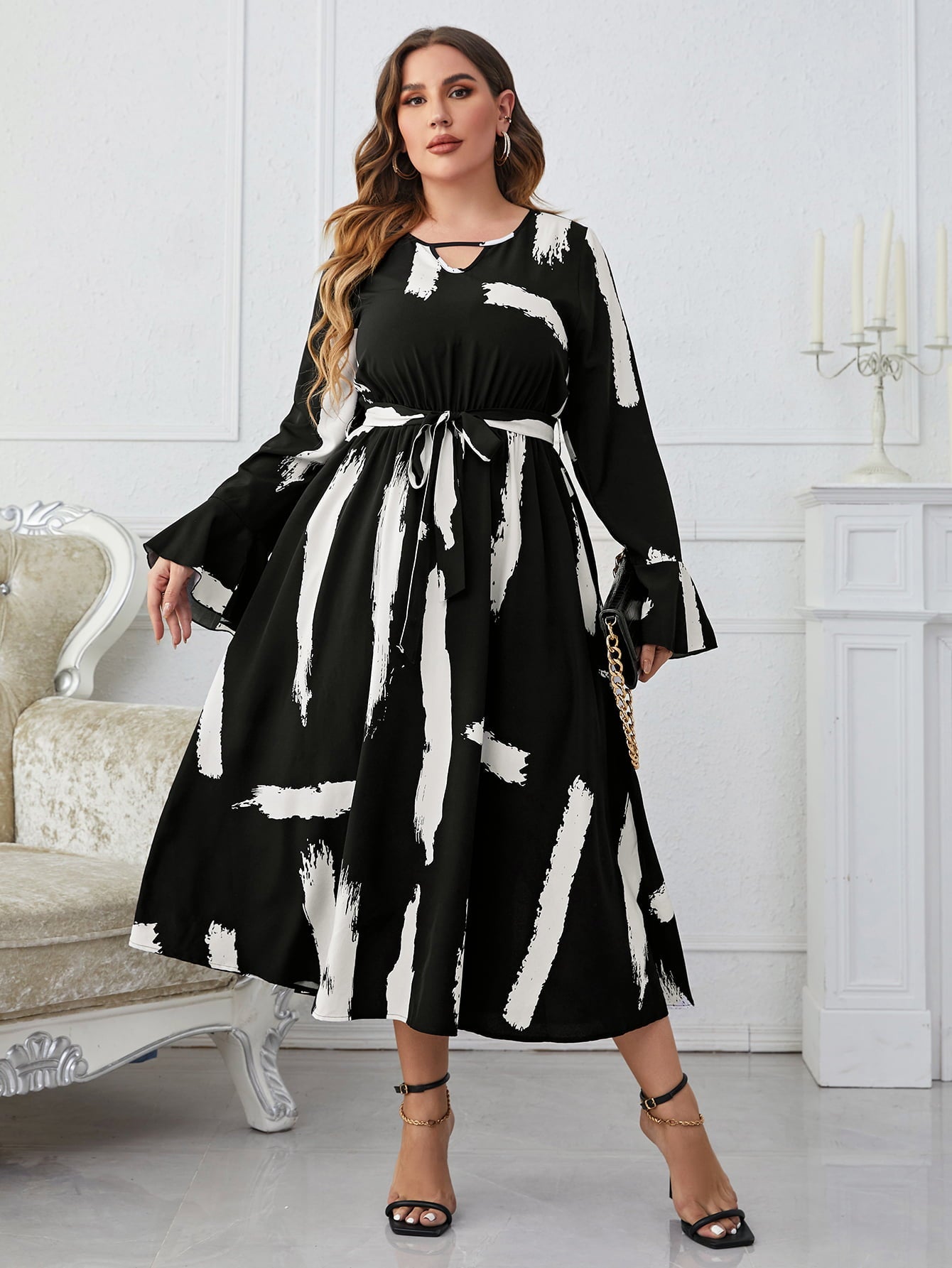 Melo Apparel Plus Size Printed Tie Belt Flare Sleeve Round Neck Midi Dress | Sugarz Chique Boutique