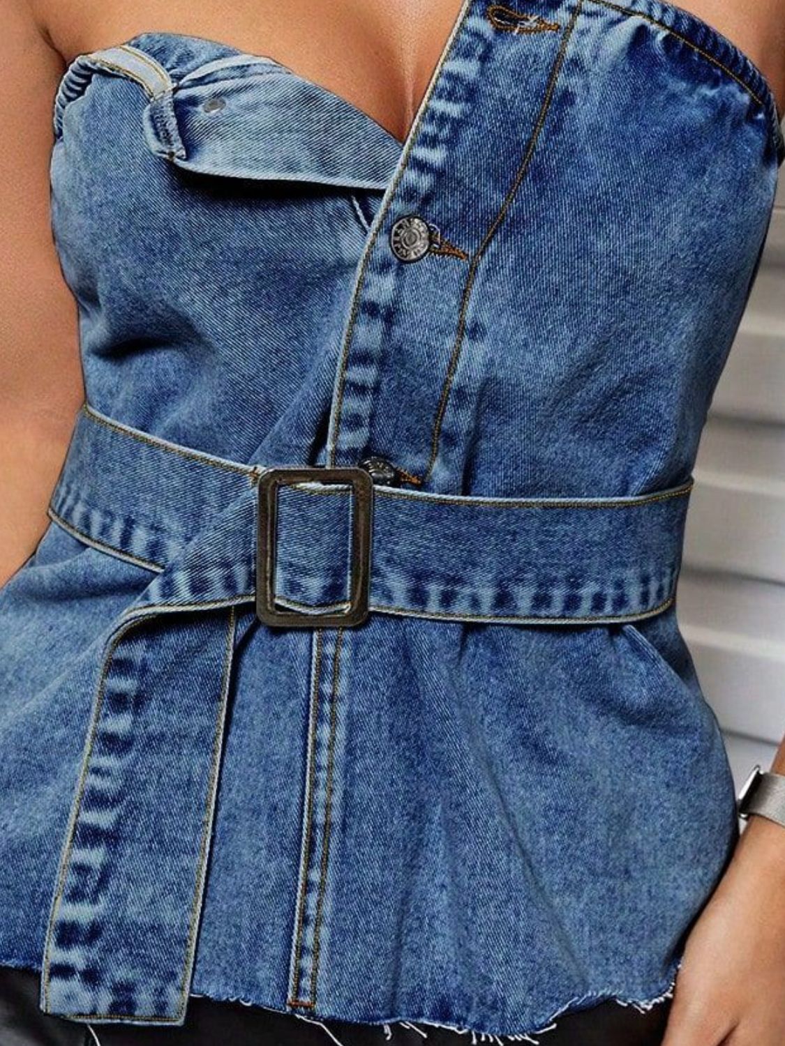 Buttoned Raw Hem Tube Denim Top | Sugarz Chique Boutique