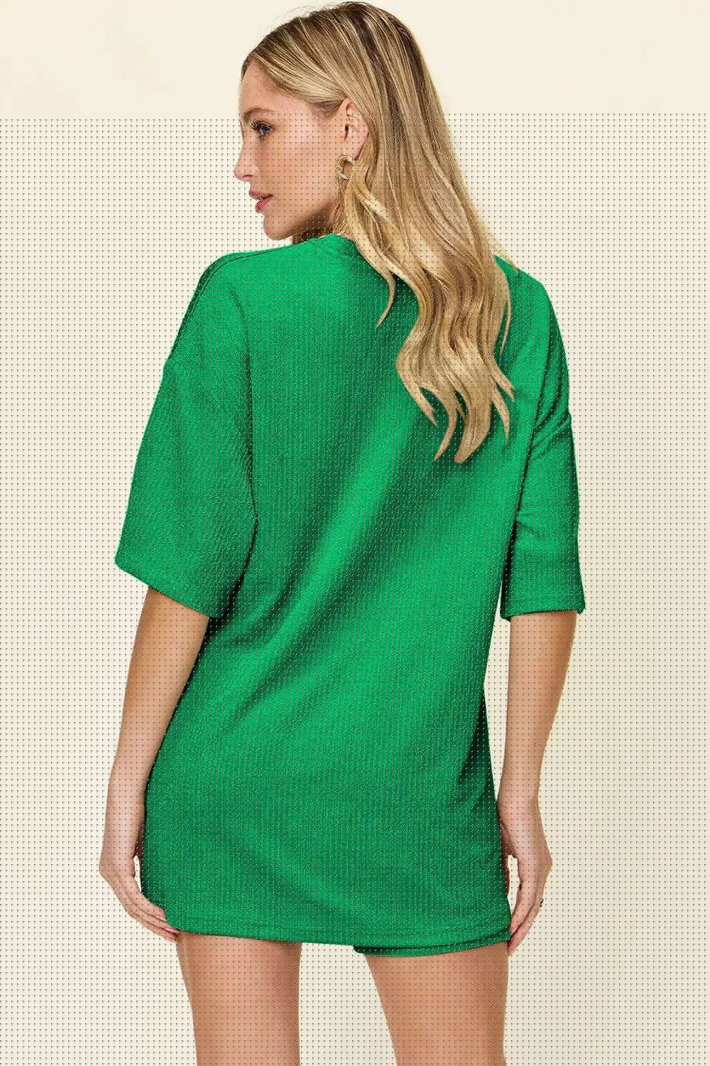 Double Take Full Size Texture Round Neck Drop Shoulder T-Shirt and Shorts Set | Sugarz Chique Boutique