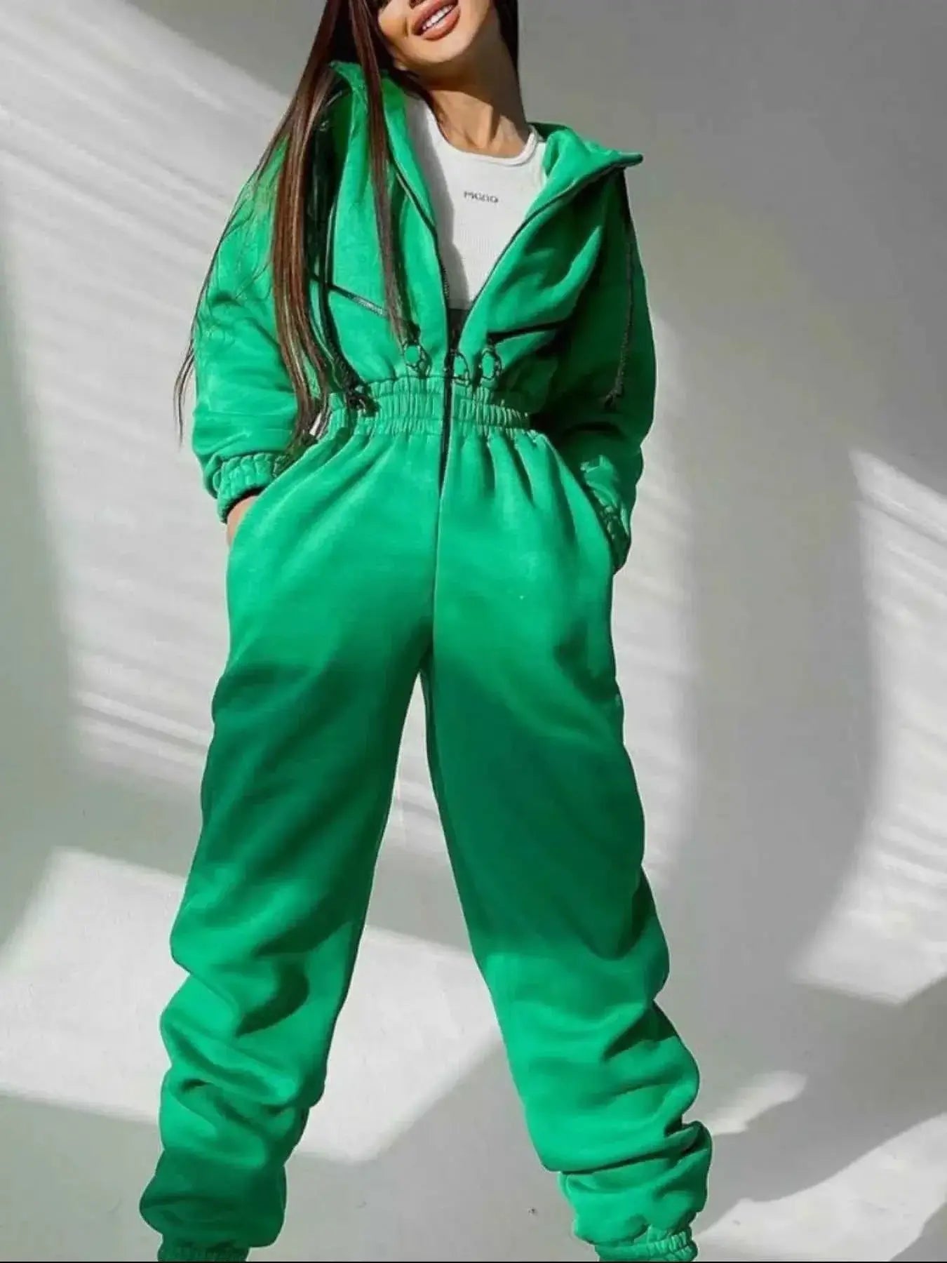Hooded Zip-Up Long Sleeve Jumpsuit