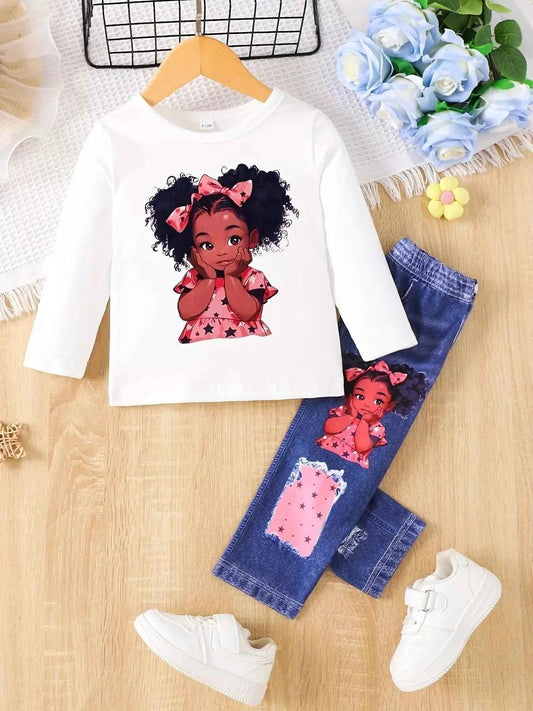 Children's Cartoon Girl Long Sleeve Top & Jeans Set