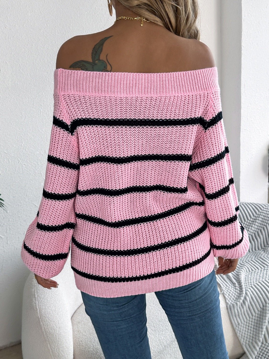 Striped Off-Shoulder Long Sleeve Sweater | Sugarz Chique Boutique