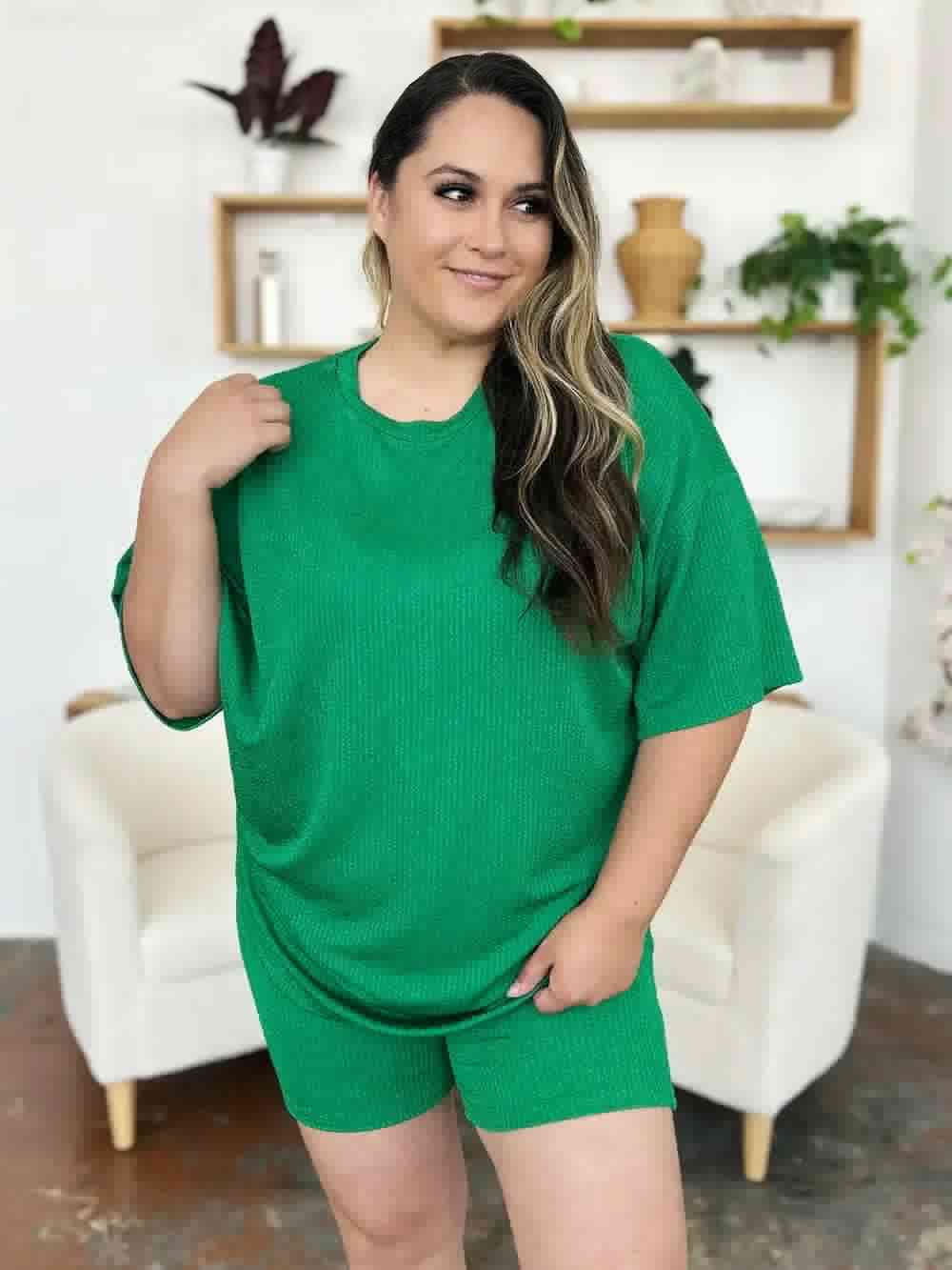 Double Take Full Size Texture Round Neck Drop Shoulder T-Shirt and Shorts Set | Sugarz Chique Boutique