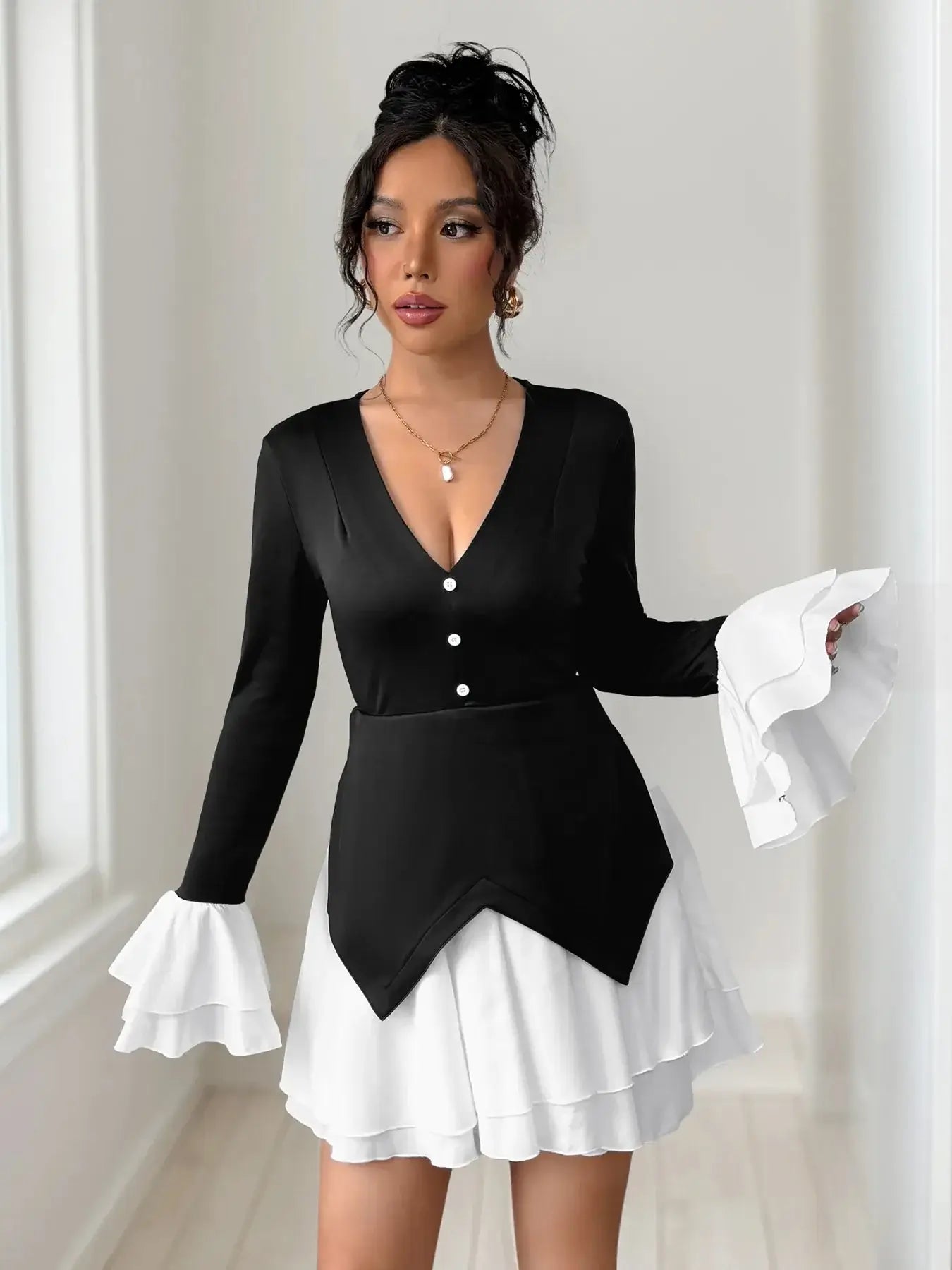 Two Tone V-Neck Long Sleeve Mini Dress | Sugarz Chique Boutique