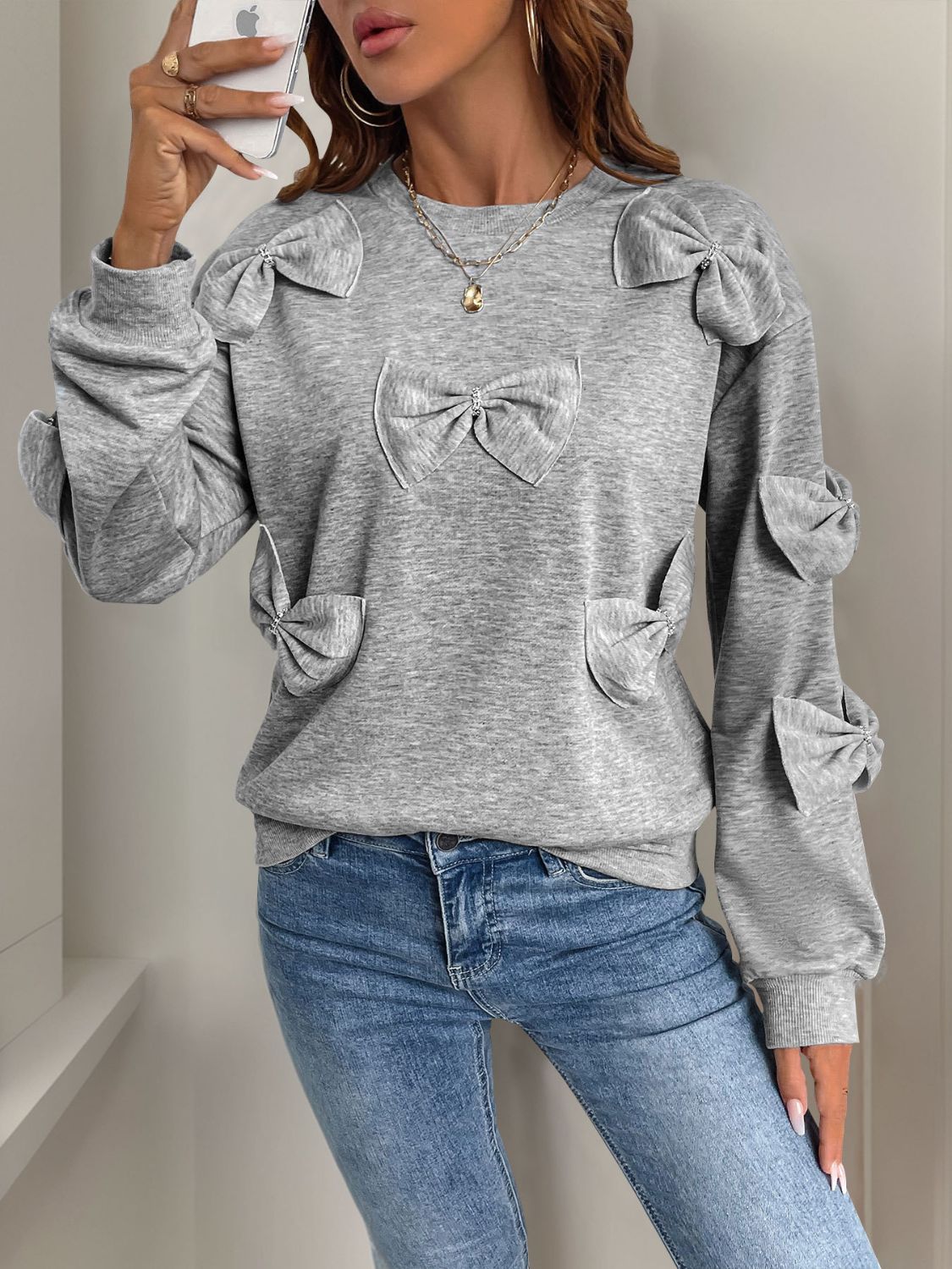 Perfee Bow Round Neck Long Sleeve Sweatshirt | Sugarz Chique Boutique