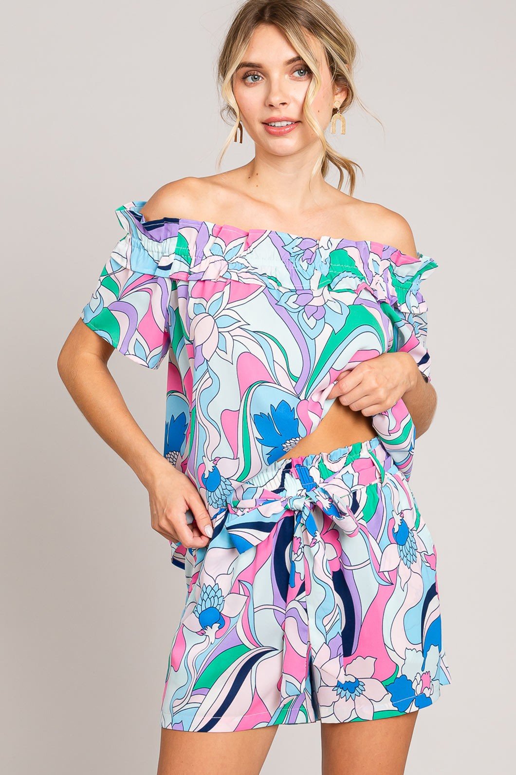 Cotton Bleu by Nu Label Abstracted Print Tie Front Shorts | Sugarz Chique Boutique