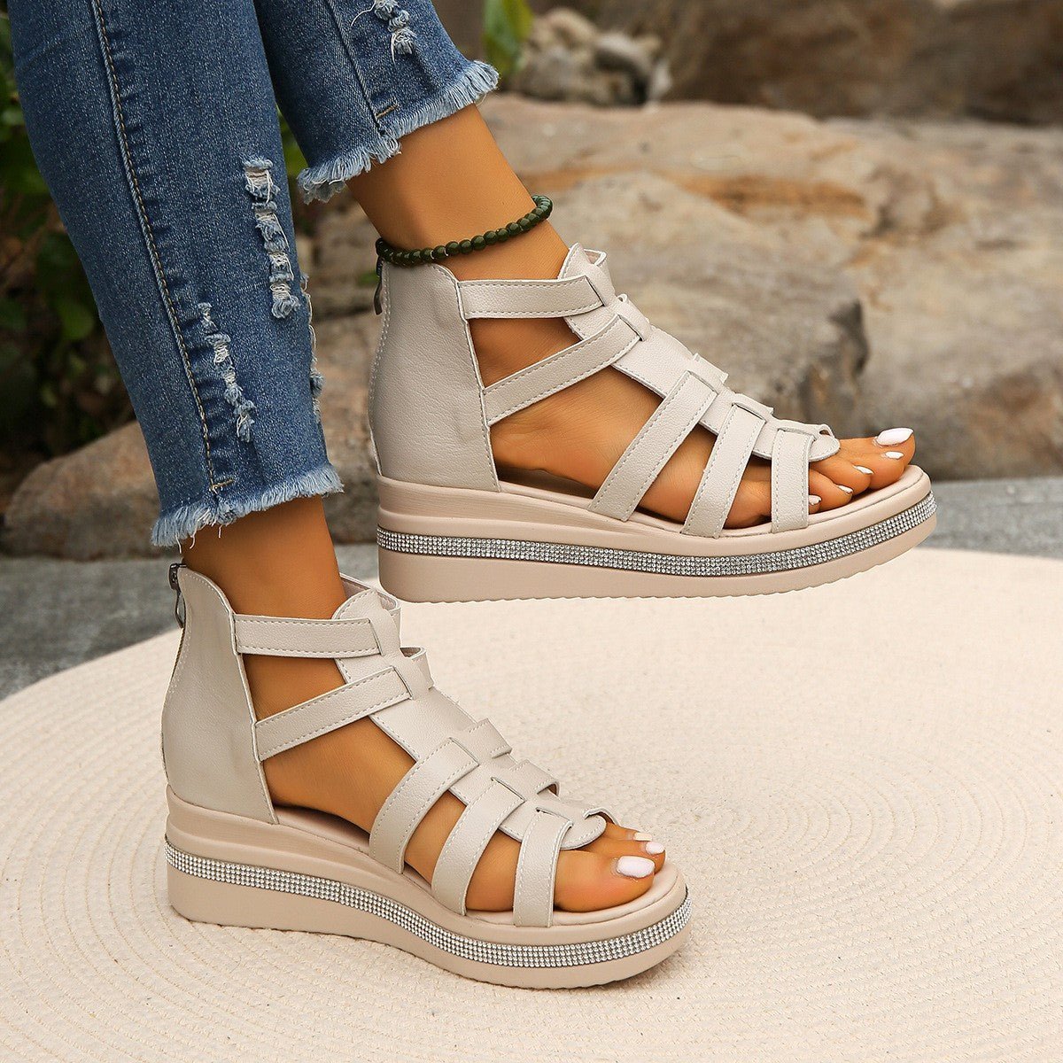 Cutout Rhinestone Trim Wedge Sandals | Sugarz Chique Boutique