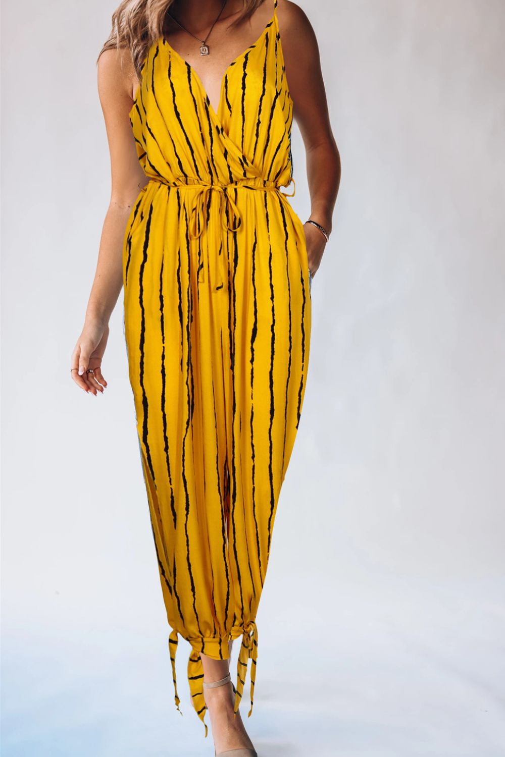 Striped Contrast Tie Ankle Spaghetti Strap Jumpsuit | Sugarz Chique Boutique