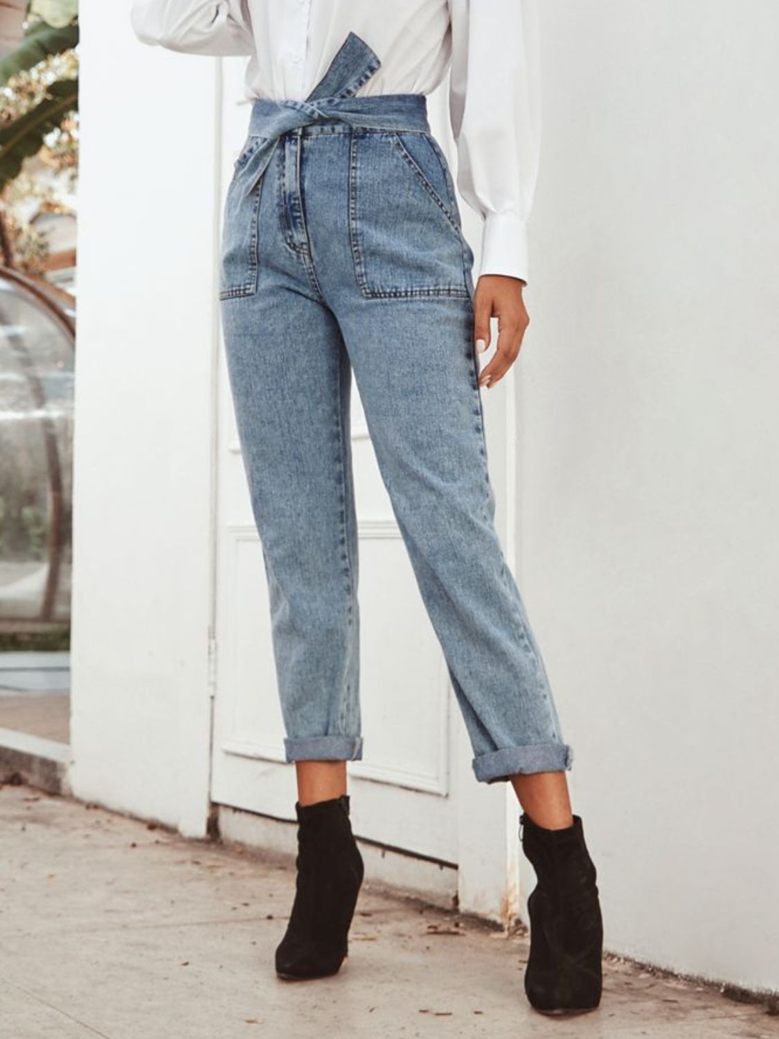 Tied Straight Leg Jeans with Pockets | Sugarz Chique Boutique