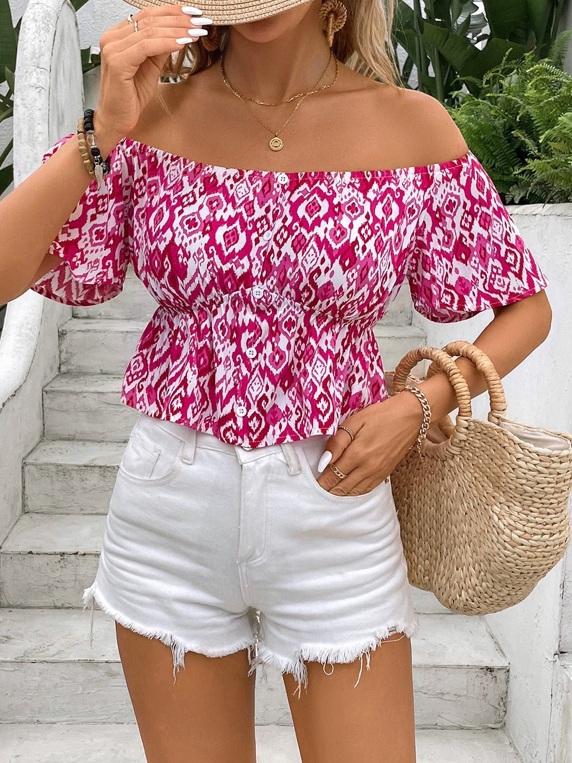 Peplum Printed Off-Shoulder Short Sleeve Blouse | Sugarz Chique Boutique