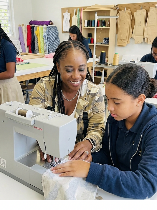 Beginner sewing class by Sugarz Chique Boutique showing students working on fabric projects in a hands-on 4-week course.
