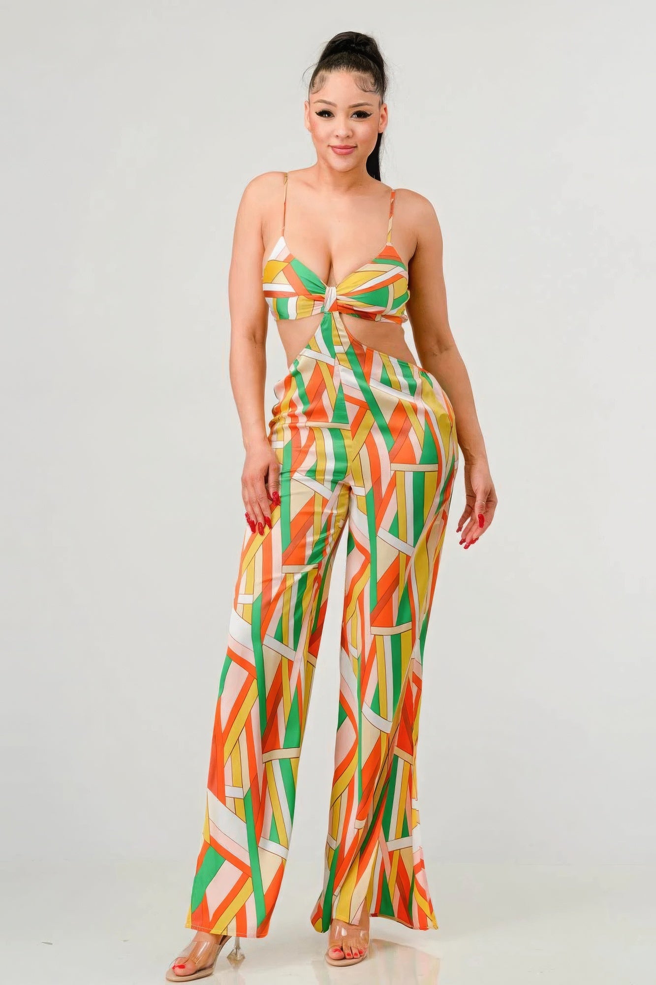 Luxe geo print satin bra top and palazzo jumpsuit | Sugarz Chique Boutique