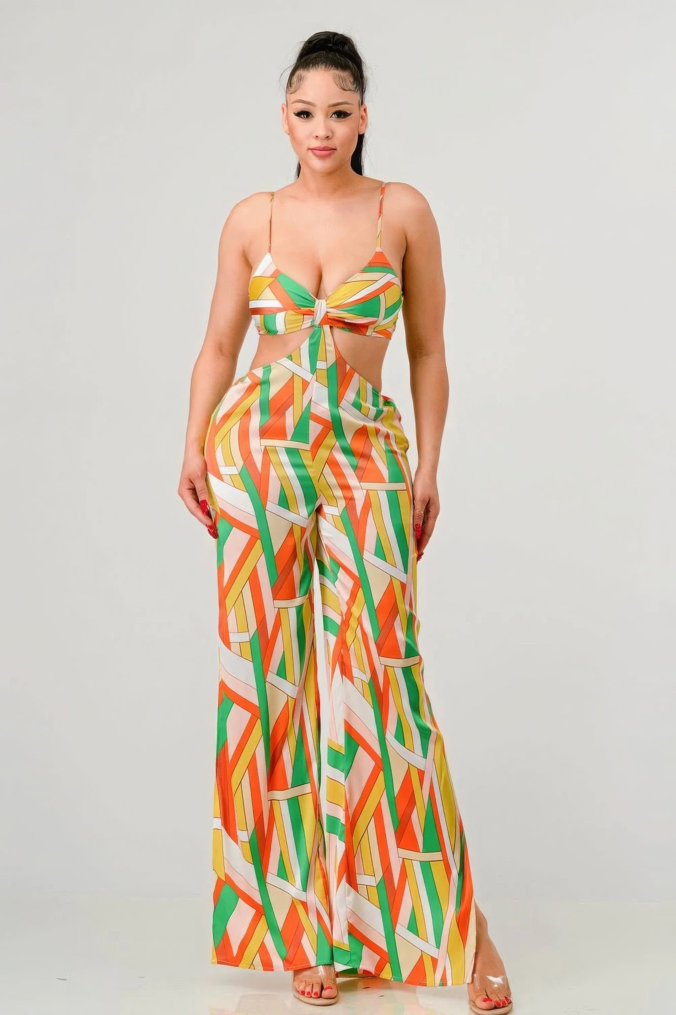 Luxe geo print satin bra top and palazzo jumpsuit | Sugarz Chique Boutique