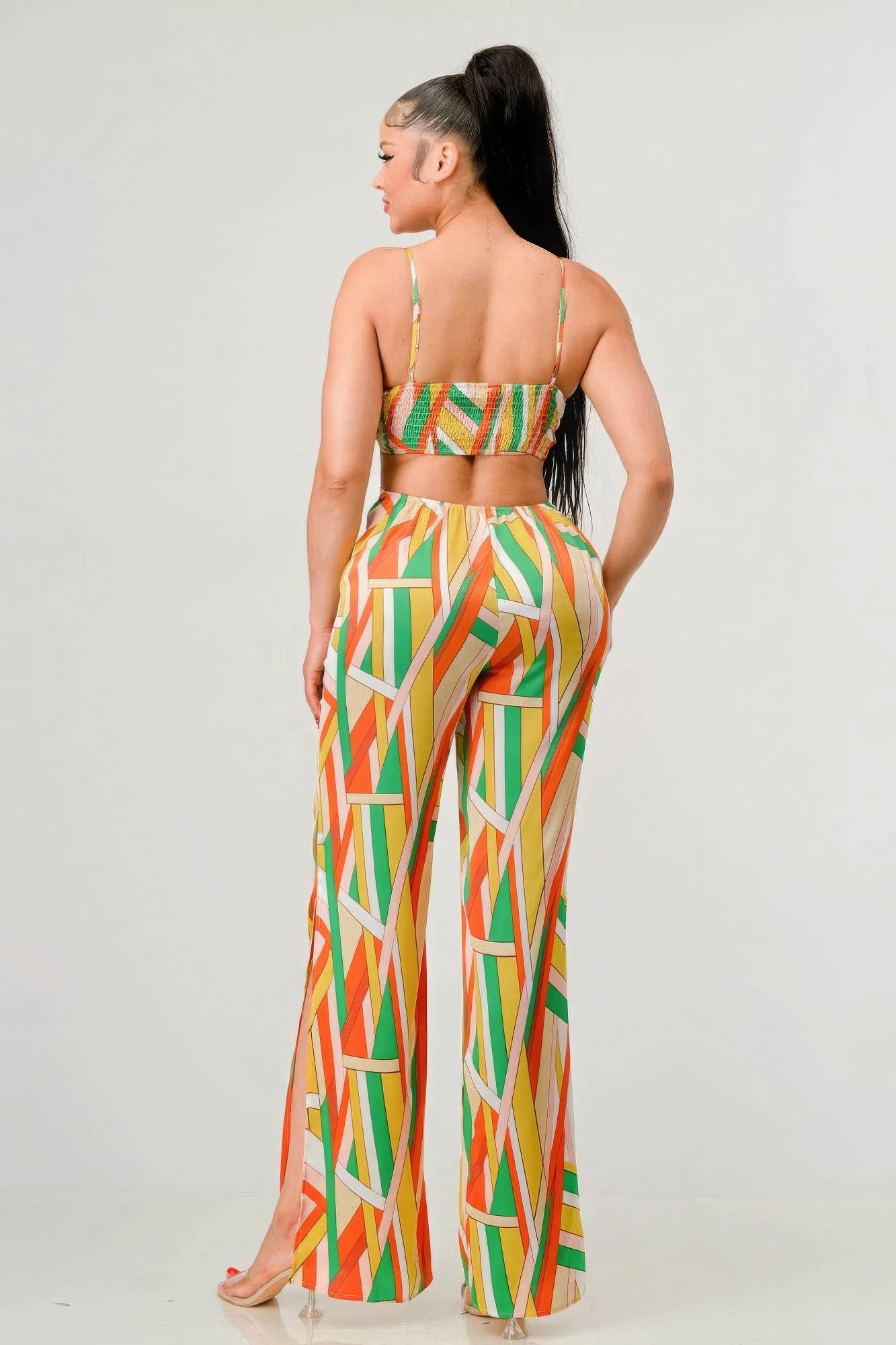 Luxe geo print satin bra top and palazzo jumpsuit | Sugarz Chique Boutique