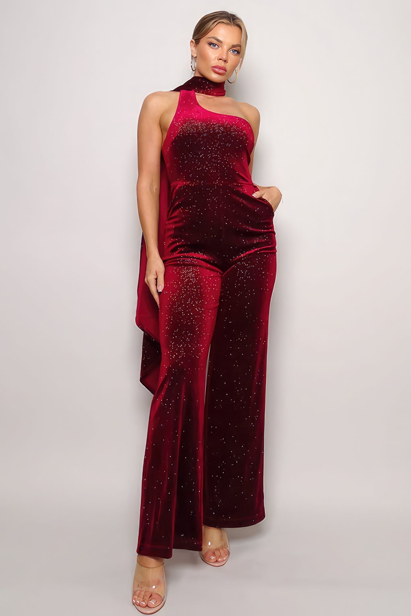 Scarf Top Glitter Velvet Jumpsuit | Sugarz Chique Boutique