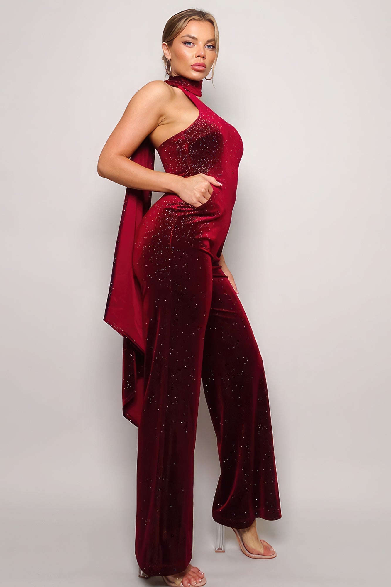 Scarf Top Glitter Velvet Jumpsuit | Sugarz Chique Boutique