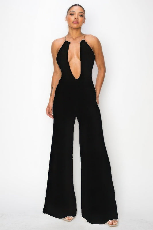 Slinky Wide Leg Jumpsuit W/metal Choker Necklace | Sugarz Chique Boutique