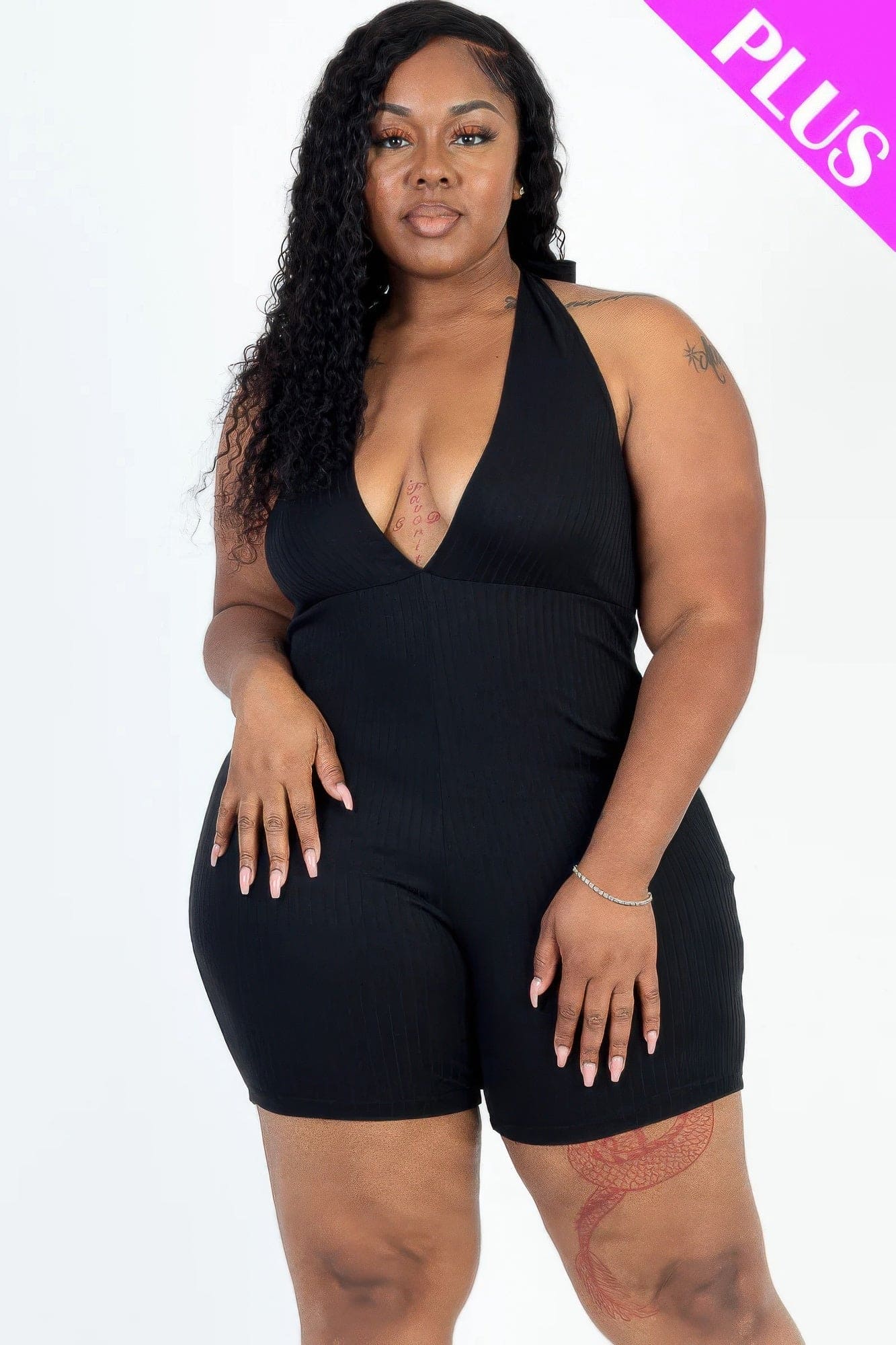 Plus size casual solid halter v neck ribbed bodycon romper | Sugarz Chique Boutique