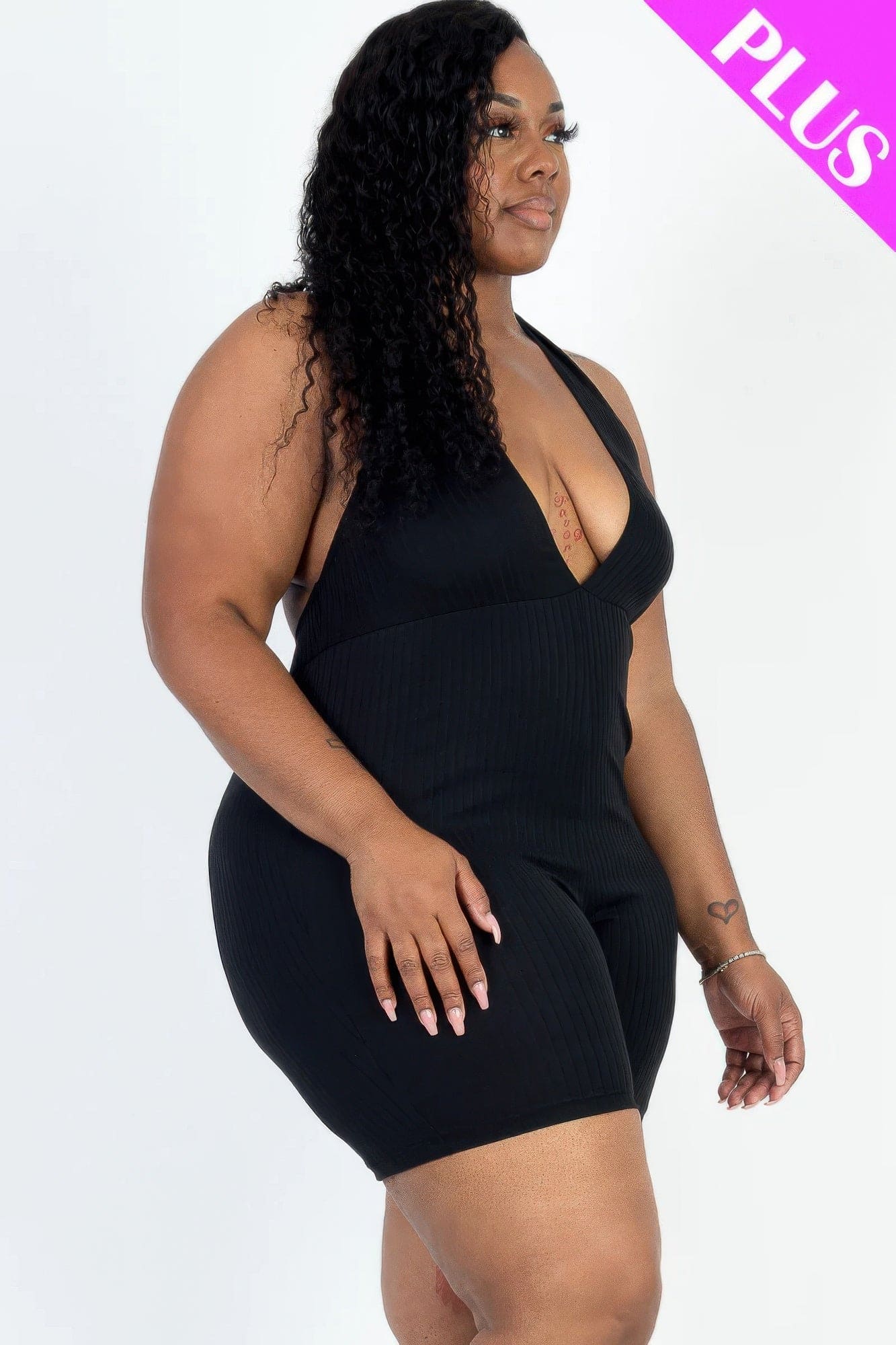 Plus size casual solid halter v neck ribbed bodycon romper | Sugarz Chique Boutique