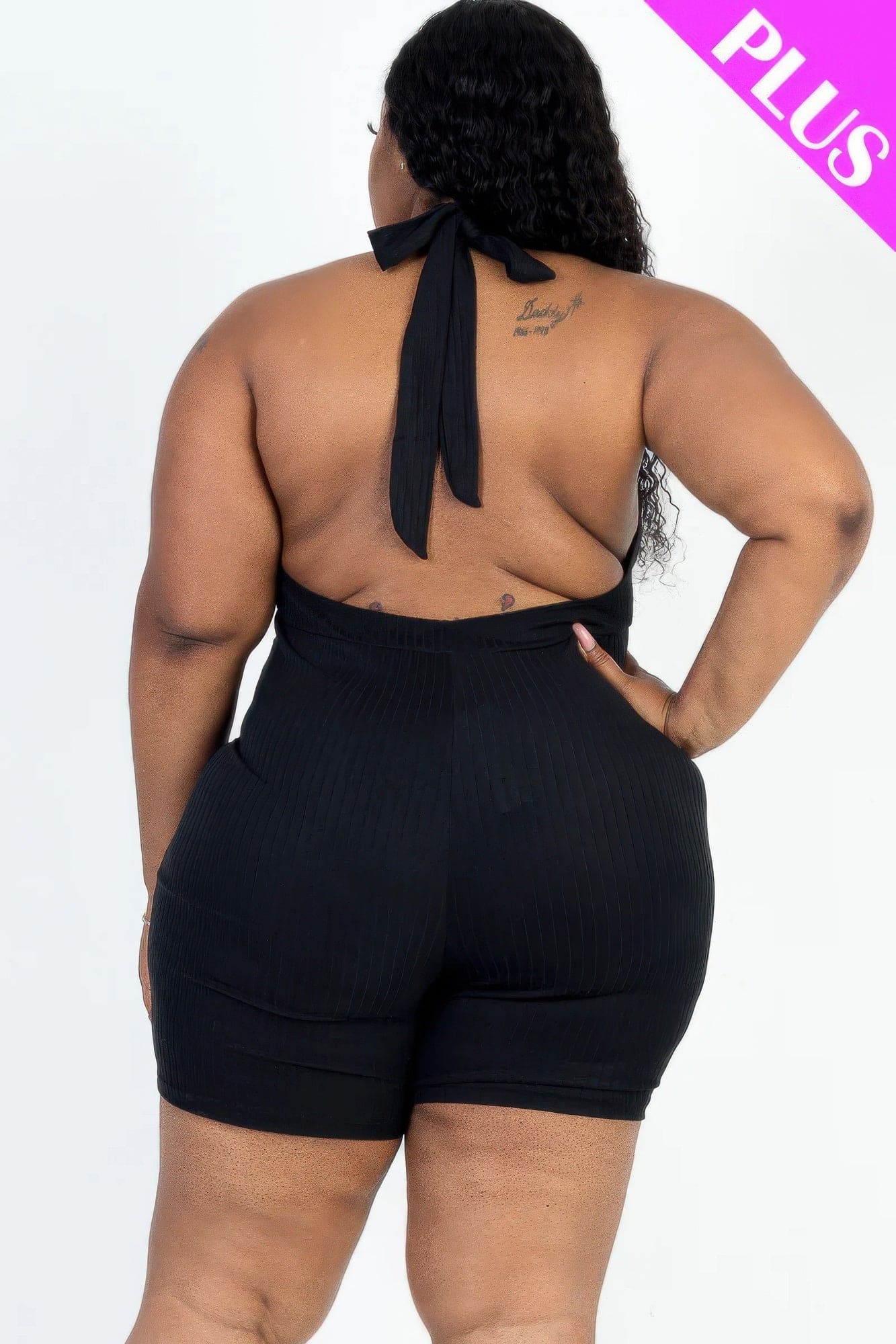 Plus size casual solid halter v neck ribbed bodycon romper | Sugarz Chique Boutique