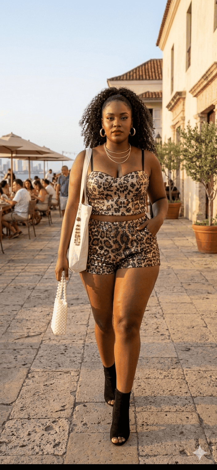 Leopard print spaghetti strap top paired with matching shorts, perfect for night out wear by Sugarz Chique Boutique.