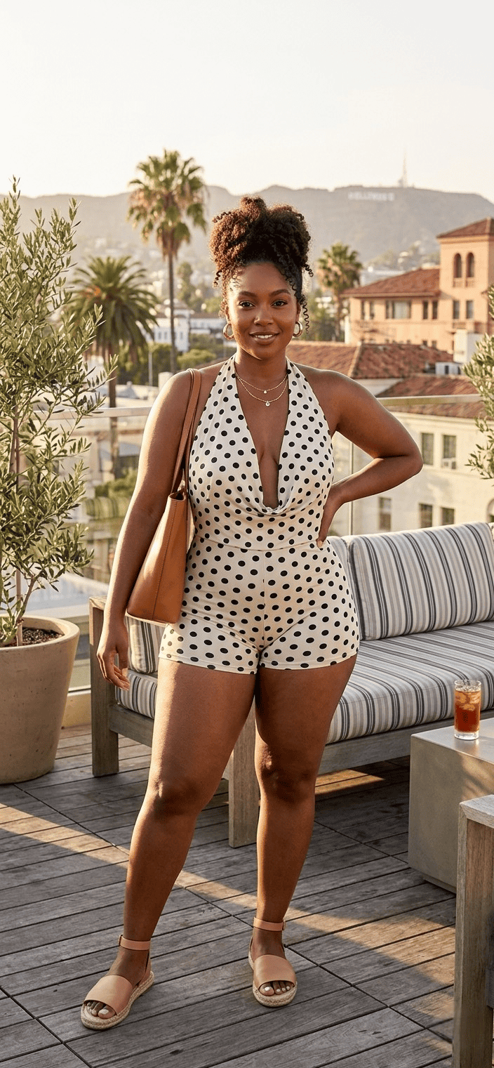 Polka dot halter neck romper by Sugarz Chique Boutique, featuring a stylish sleeveless design with a fitted waist and playful pattern.