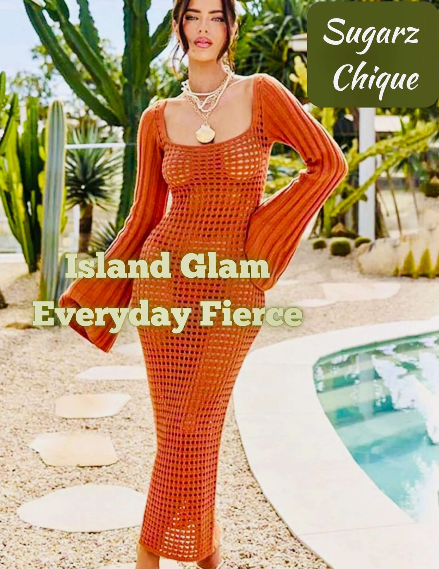 Island glam swimsuit cover up crochet with flared sleeves