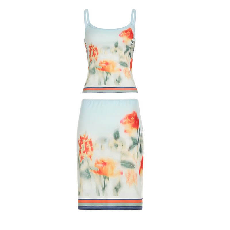 Cute printed contrast color slim fit sling sheath skirt outfit in floral design, perfect for socialite events.