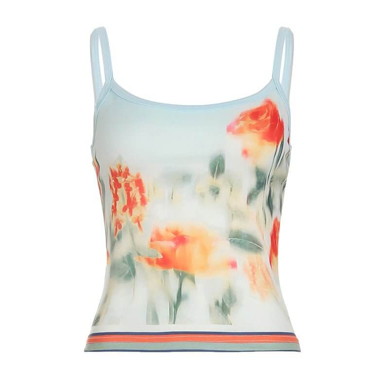 Cute floral printed camisole top with straps, featuring vibrant rose designs and a stylish striped hem.