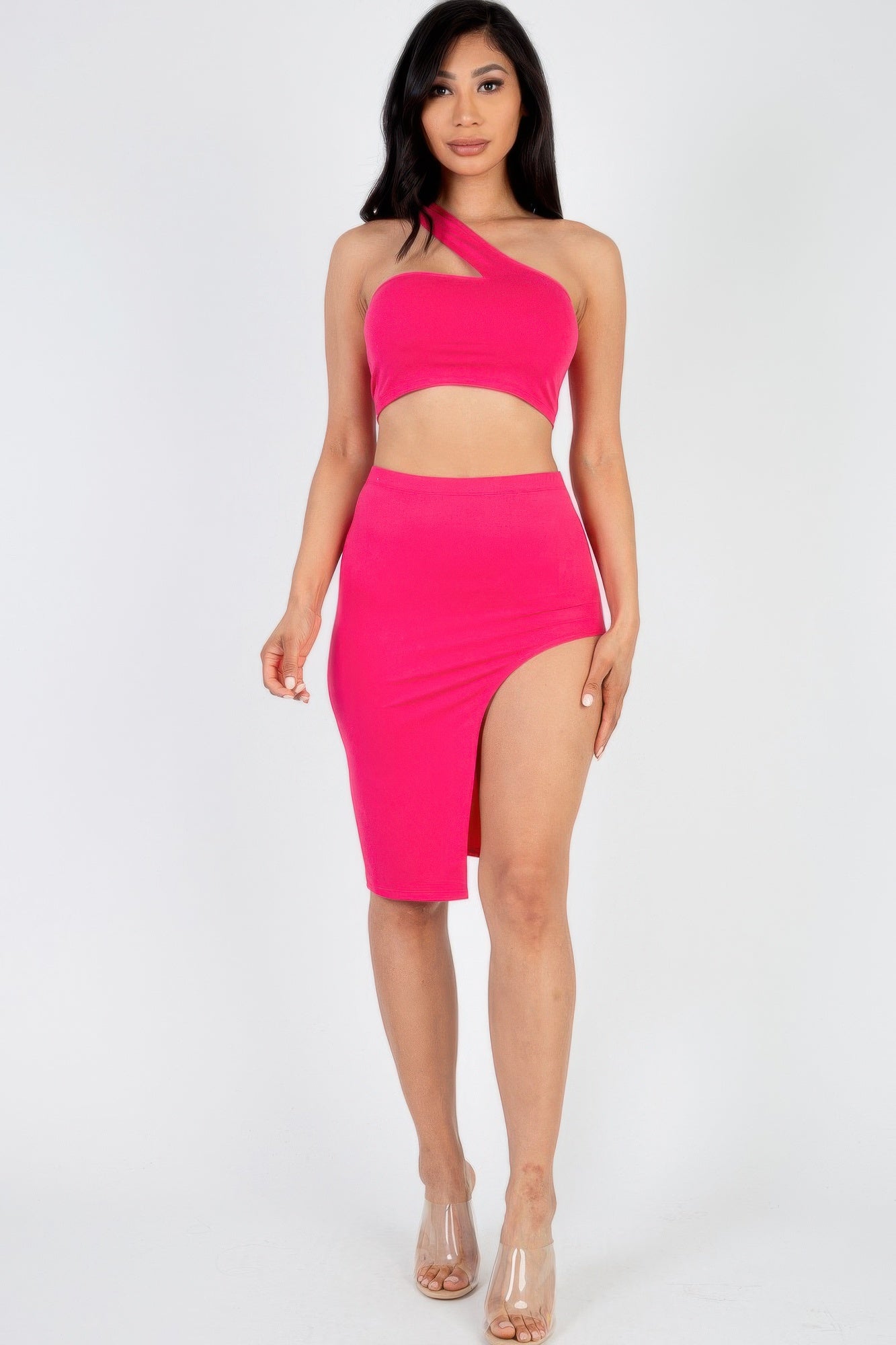 Sexy Solid One Shoulder Crop Top & Split Thigh Midi Skirt Set | Sugarz Chique Boutique