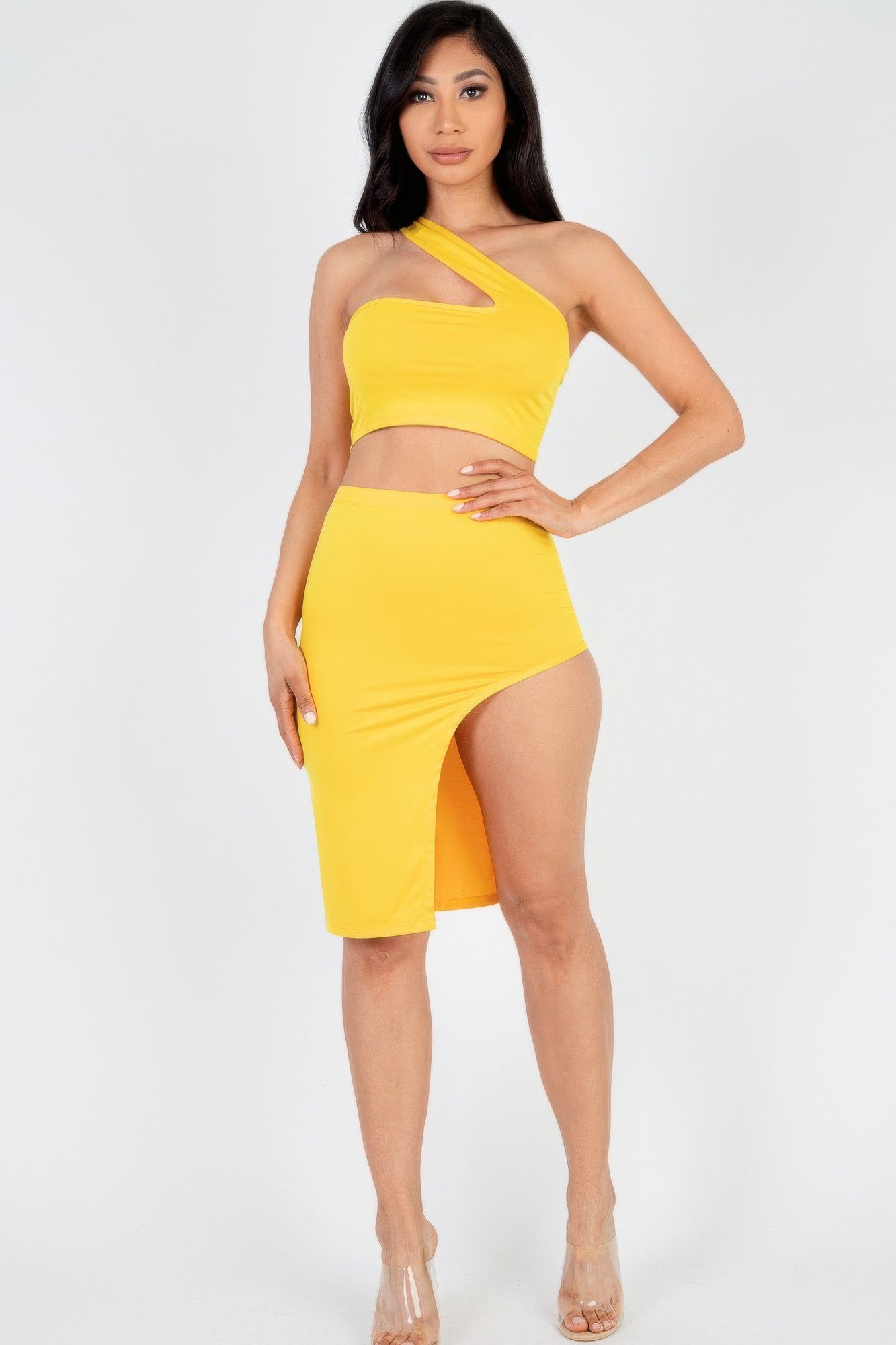 Sexy Solid One Shoulder Crop Top & Split Thigh Midi Skirt Set | Sugarz Chique Boutique