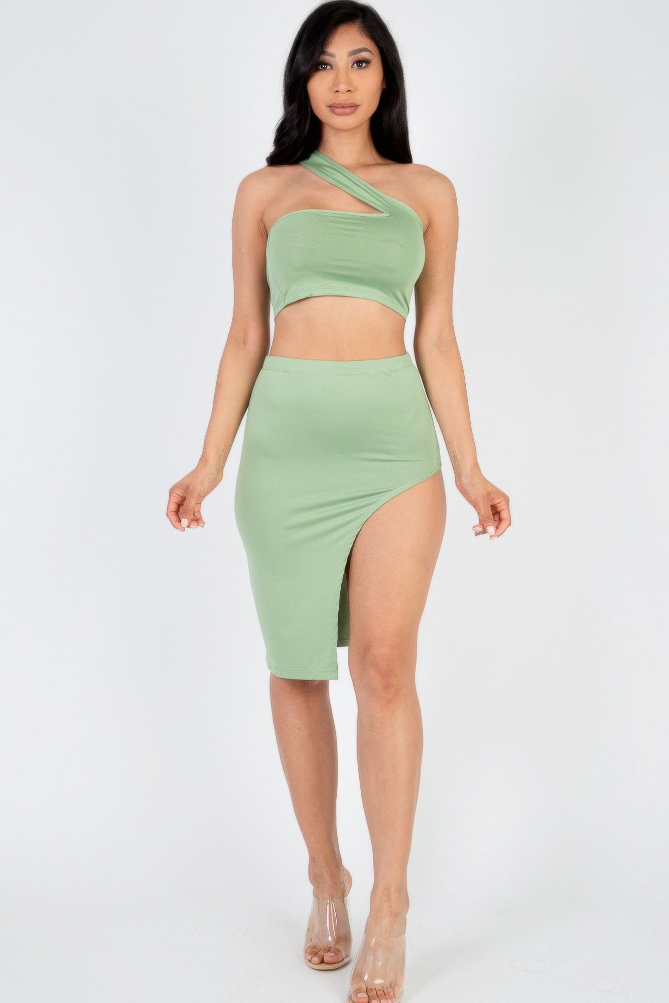 Sexy Solid One Shoulder Crop Top & Split Thigh Midi Skirt Set | Sugarz Chique Boutique