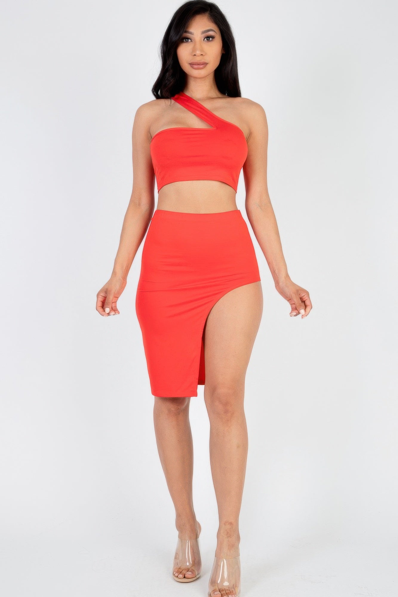 Sexy Solid One Shoulder Crop Top & Split Thigh Midi Skirt Set | Sugarz Chique Boutique