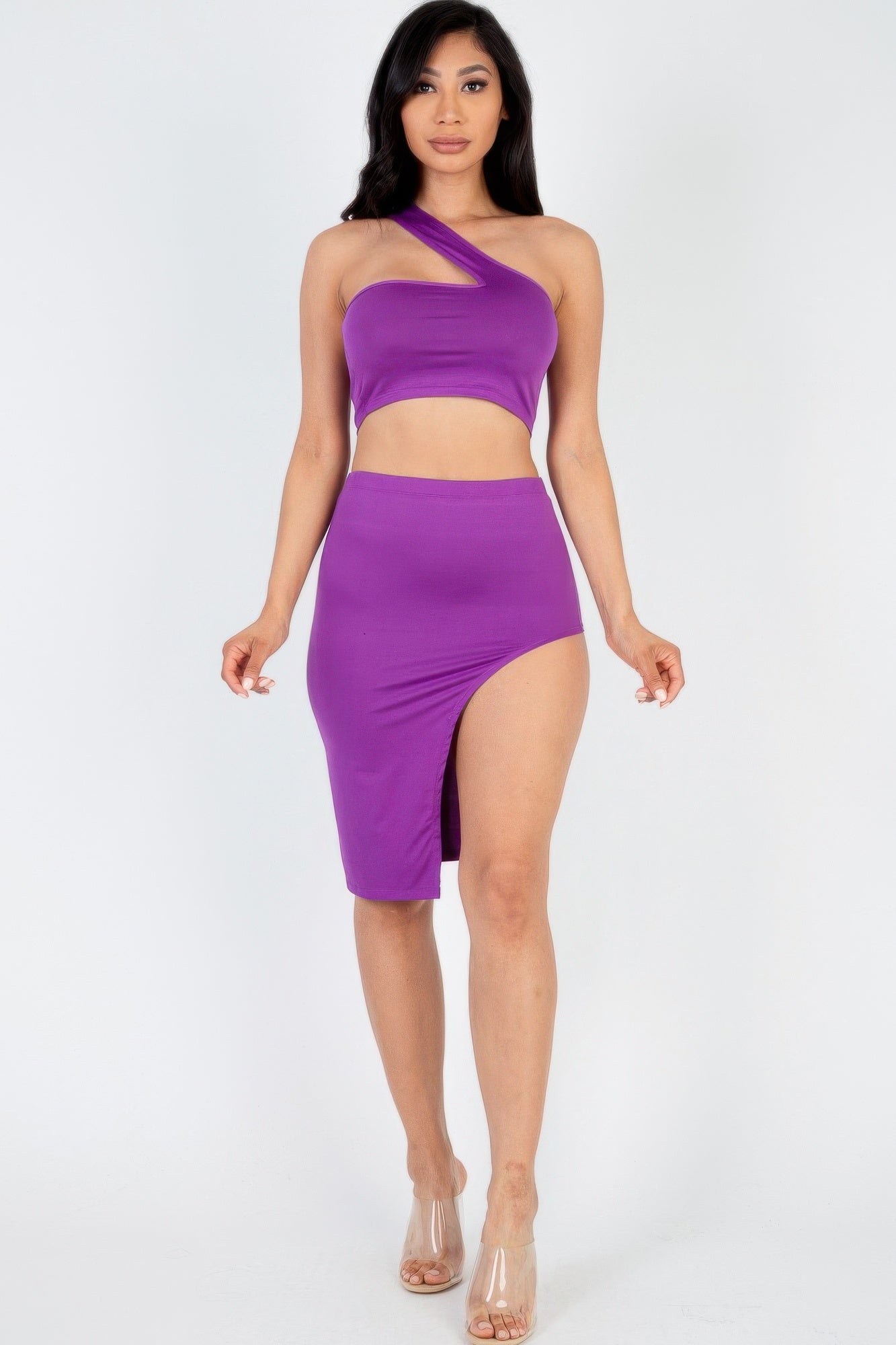 Sexy Solid One Shoulder Crop Top & Split Thigh Midi Skirt Set | Sugarz Chique Boutique