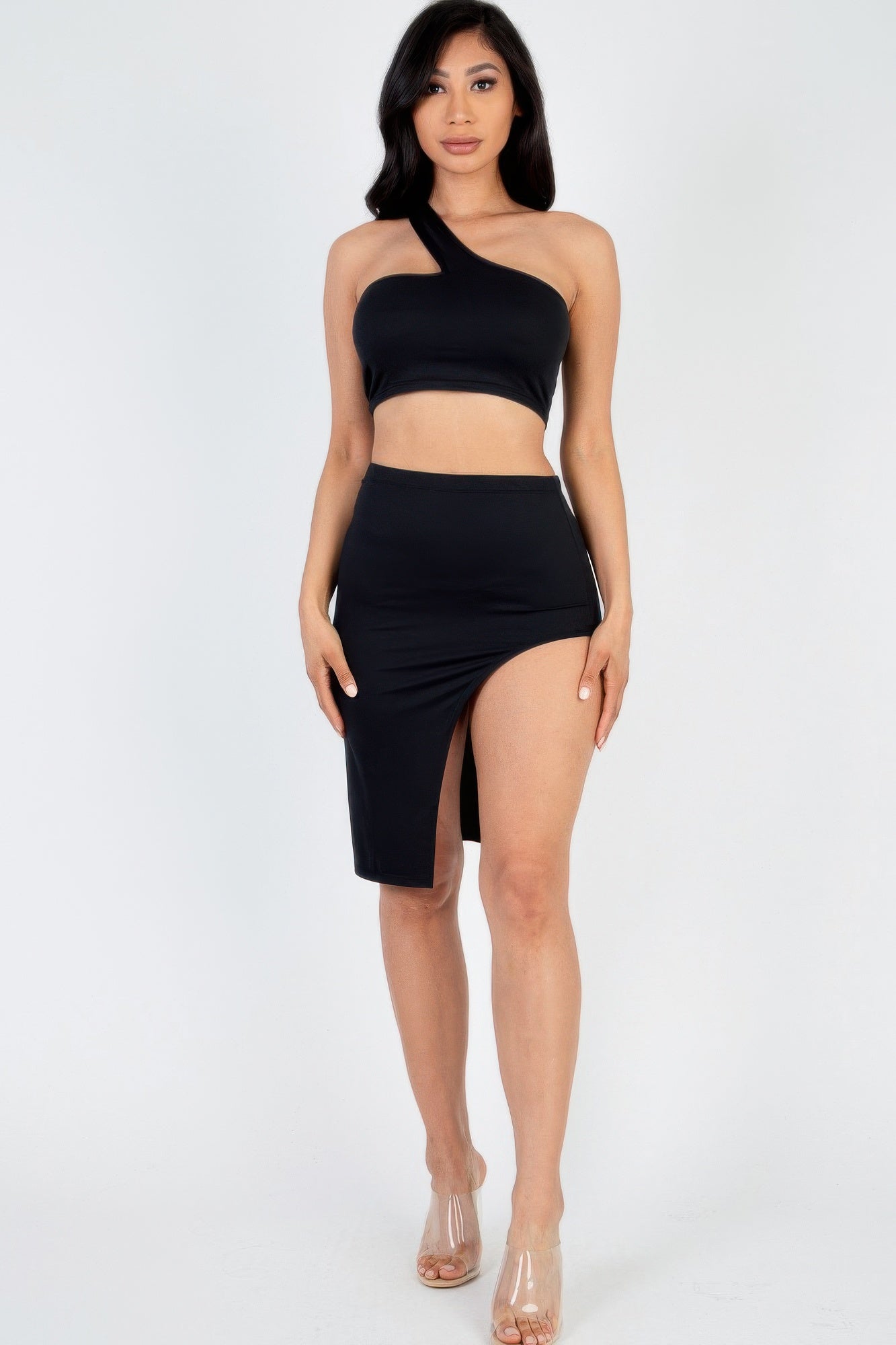 Sexy Solid One Shoulder Crop Top & Split Thigh Midi Skirt Set | Sugarz Chique Boutique