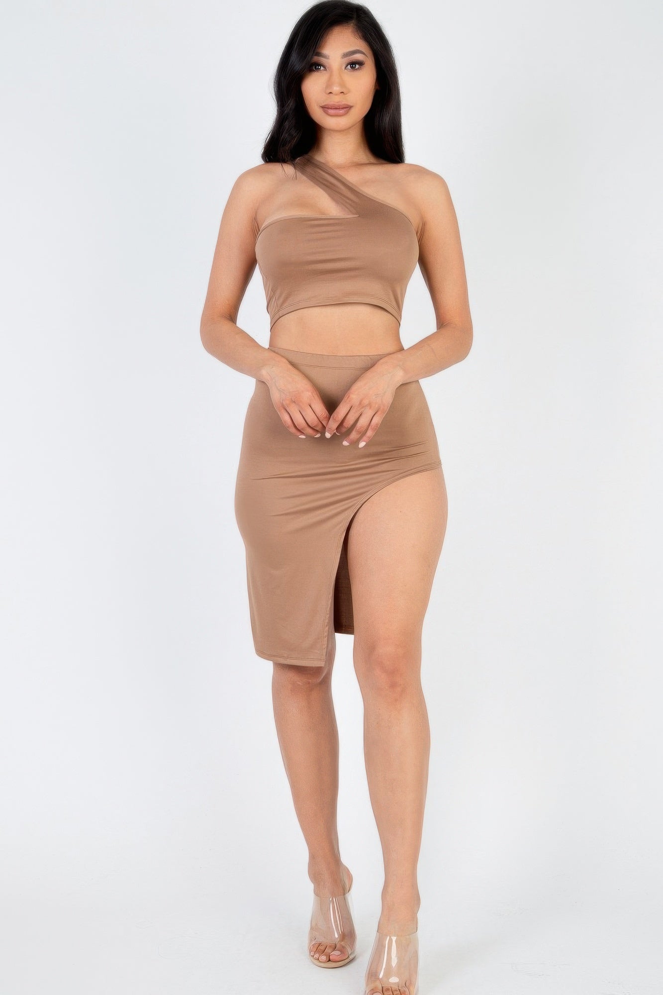 Sexy Solid One Shoulder Crop Top & Split Thigh Midi Skirt Set | Sugarz Chique Boutique