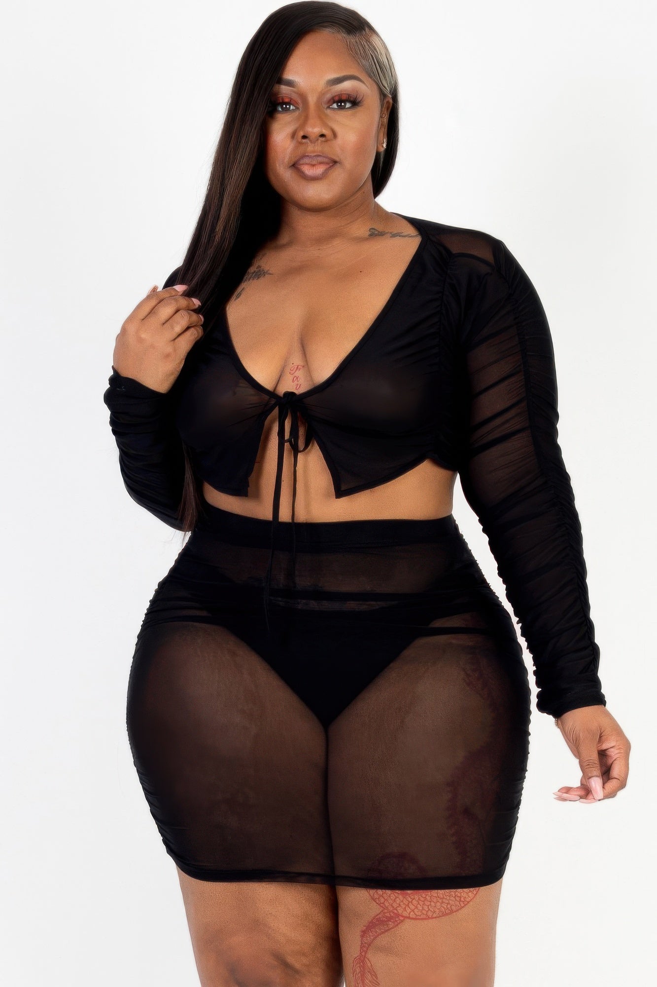 Plus Size Sheer Mesh Tie Front Crop Top & Ruched Side Mini Dress | Sugarz Chique Boutique