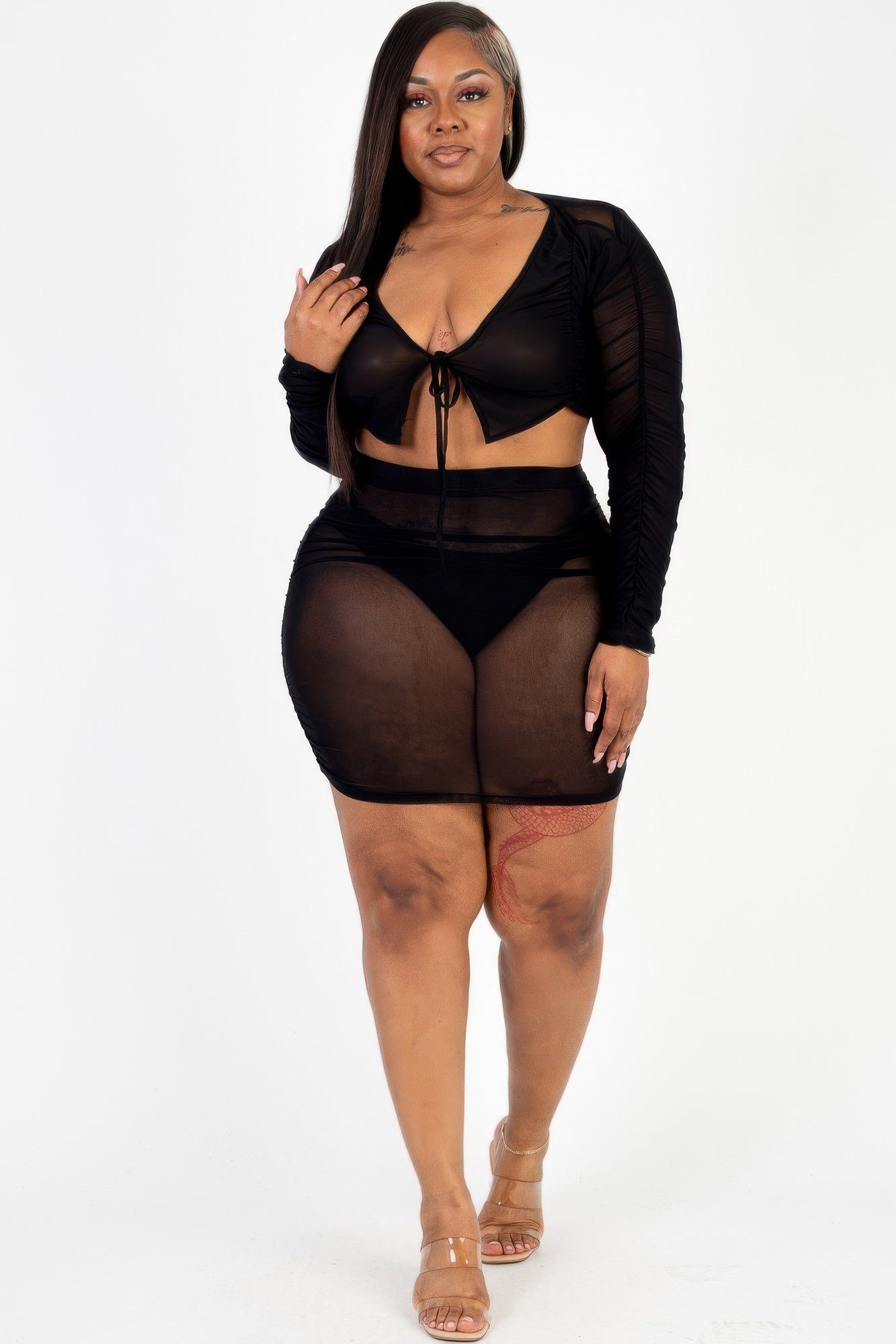 Plus Size Sheer Mesh Tie Front Crop Top & Ruched Side Mini Dress | Sugarz Chique Boutique