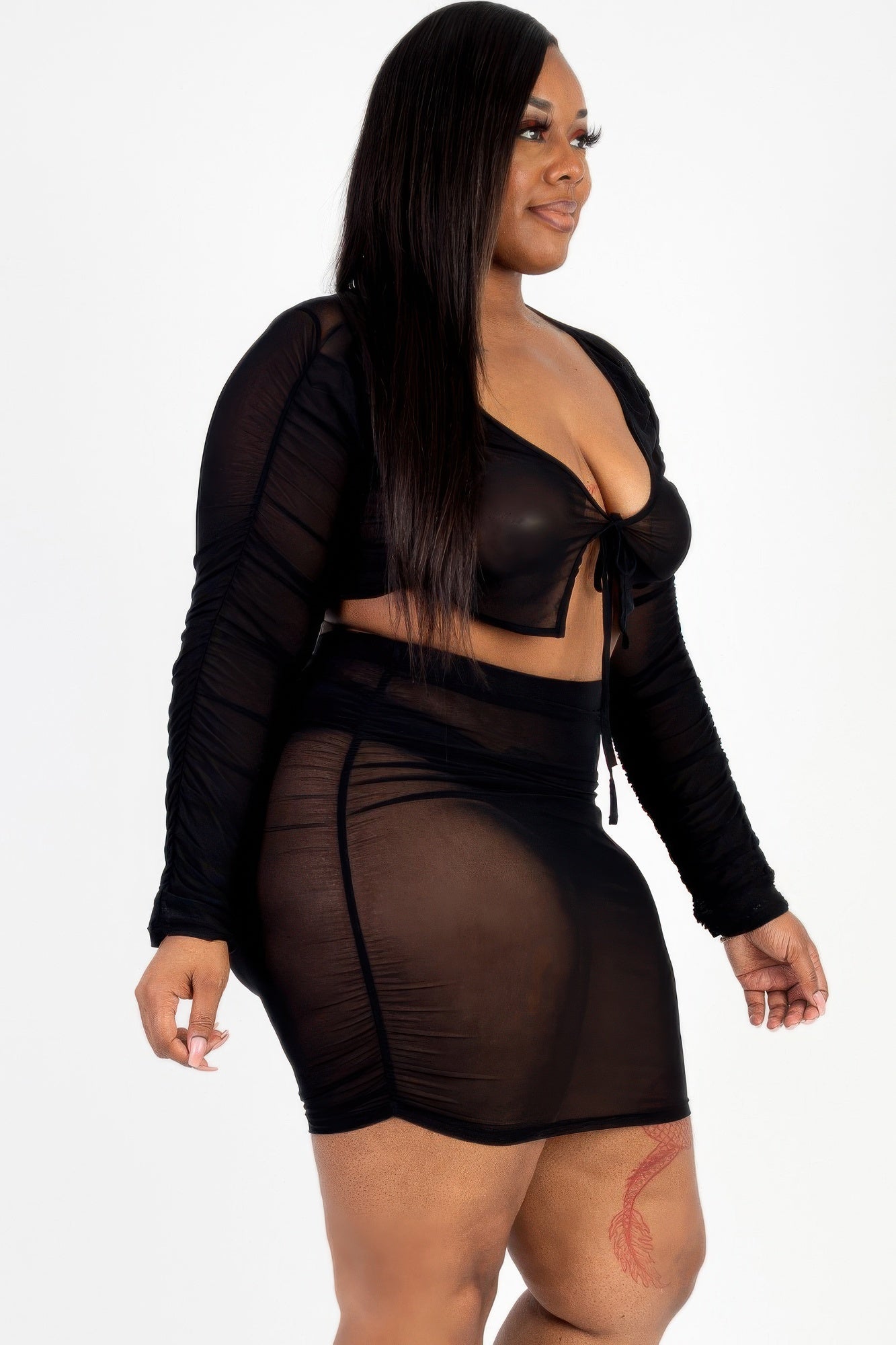 Plus Size Sheer Mesh Tie Front Crop Top & Ruched Side Mini Dress | Sugarz Chique Boutique