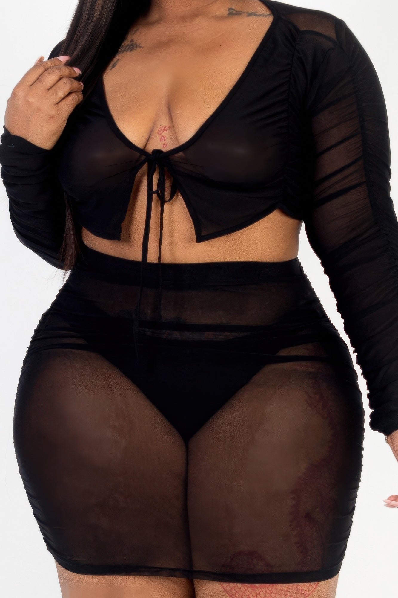 Plus Size Sheer Mesh Tie Front Crop Top & Ruched Side Mini Dress | Sugarz Chique Boutique