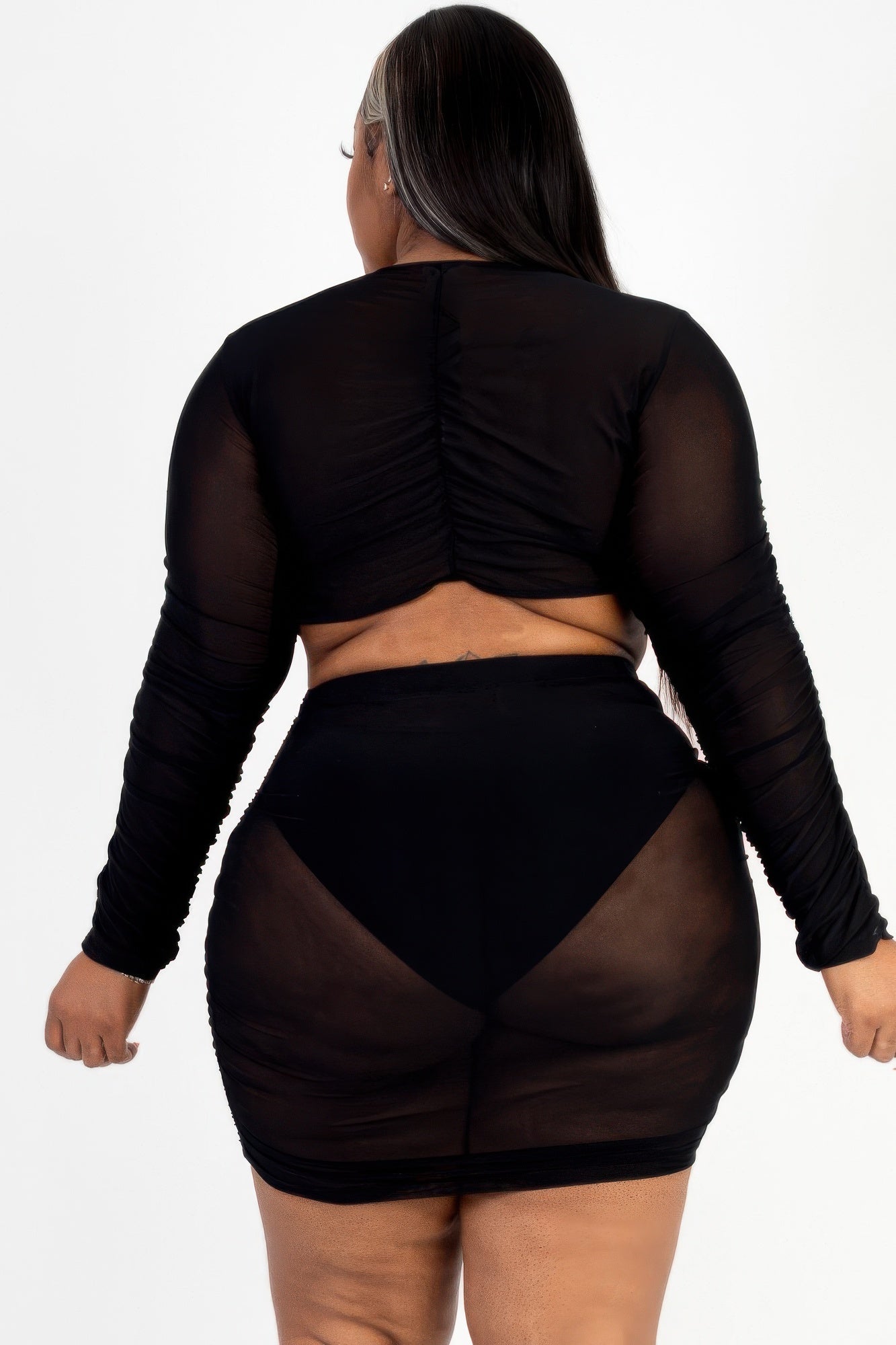 Plus Size Sheer Mesh Tie Front Crop Top & Ruched Side Mini Dress | Sugarz Chique Boutique