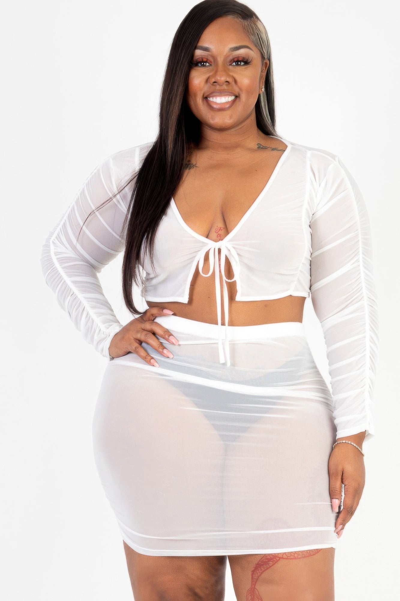 Plus Size Sheer Mesh Tie Front Crop Top & Ruched Side Mini Dress | Sugarz Chique Boutique