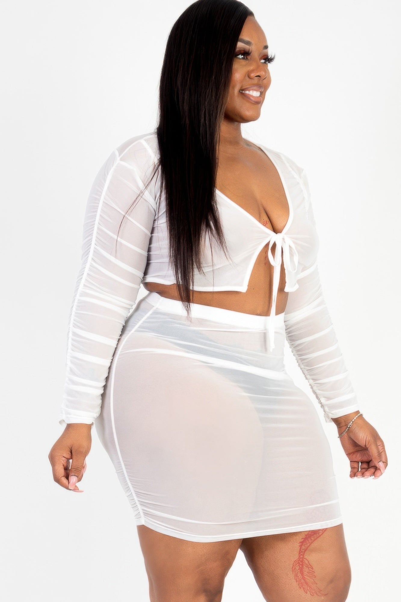 Plus Size Sheer Mesh Tie Front Crop Top & Ruched Side Mini Dress | Sugarz Chique Boutique