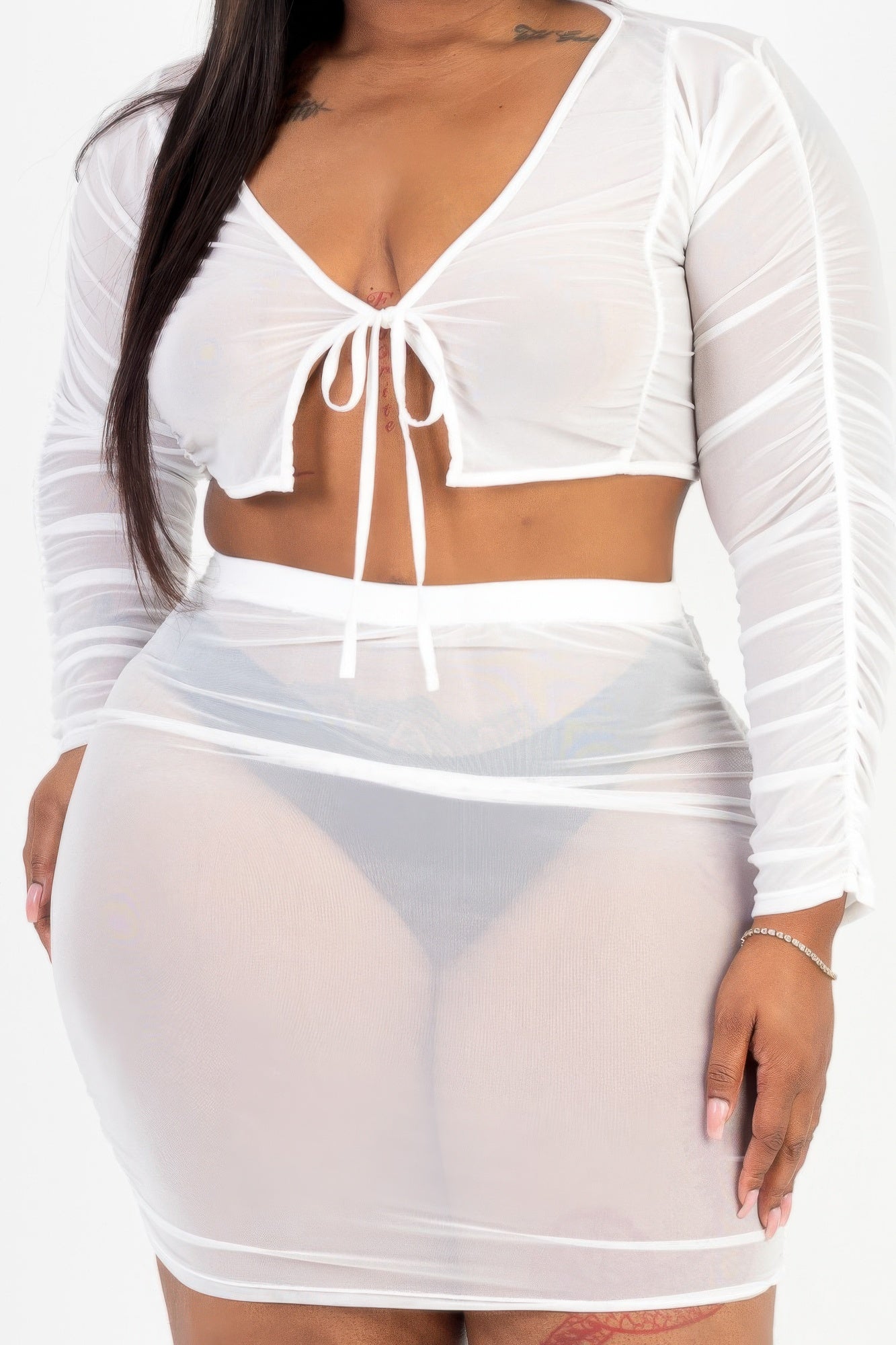 Plus Size Sheer Mesh Tie Front Crop Top & Ruched Side Mini Dress | Sugarz Chique Boutique