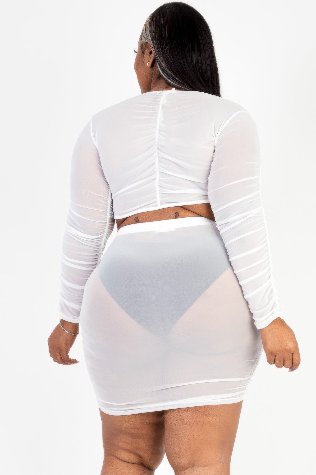 Plus Size Sheer Mesh Tie Front Crop Top & Ruched Side Mini Dress | Sugarz Chique Boutique