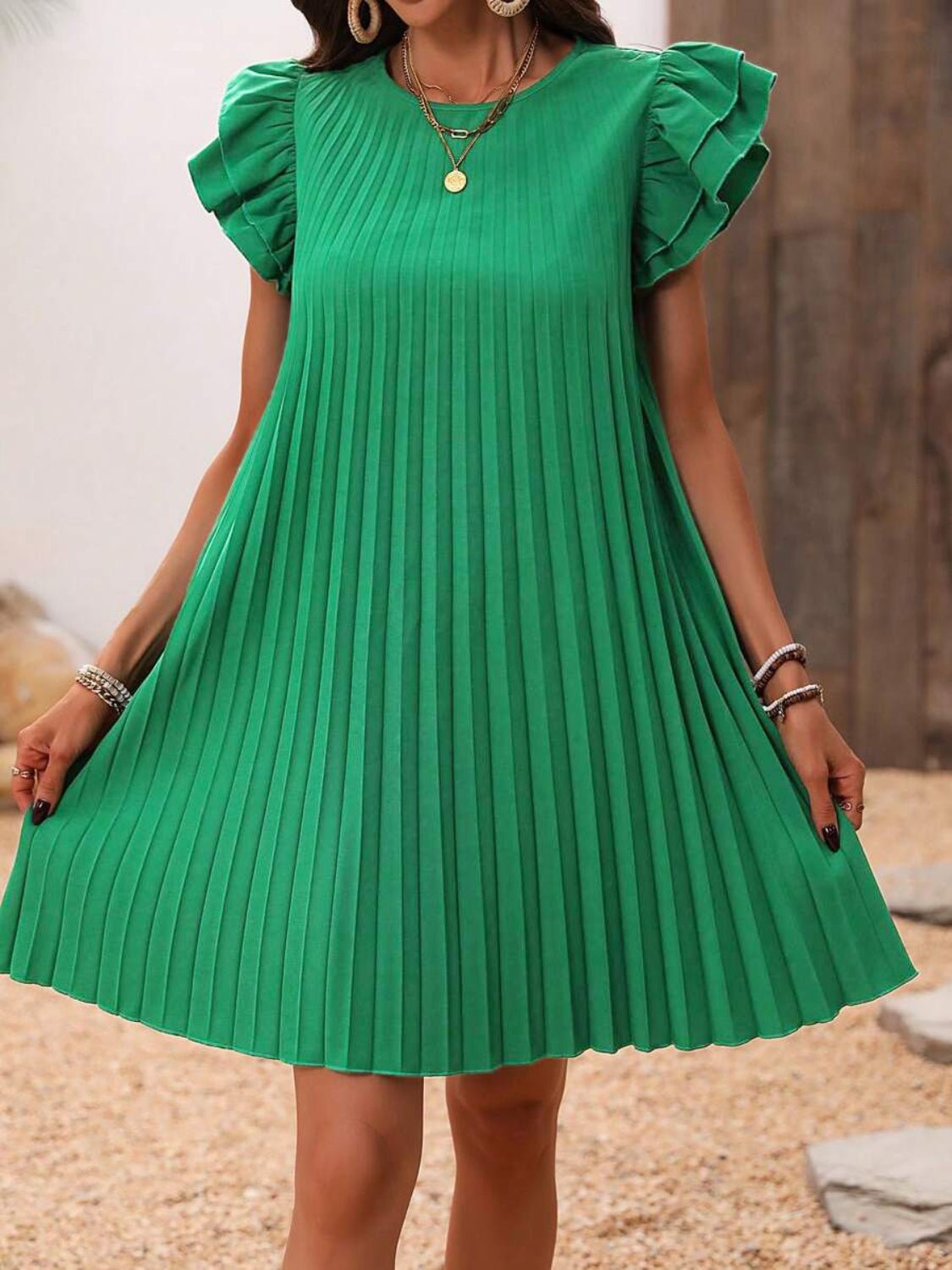 Pleated Round Neck Cap Sleeve Mini Dress | Sugarz Chique Boutique