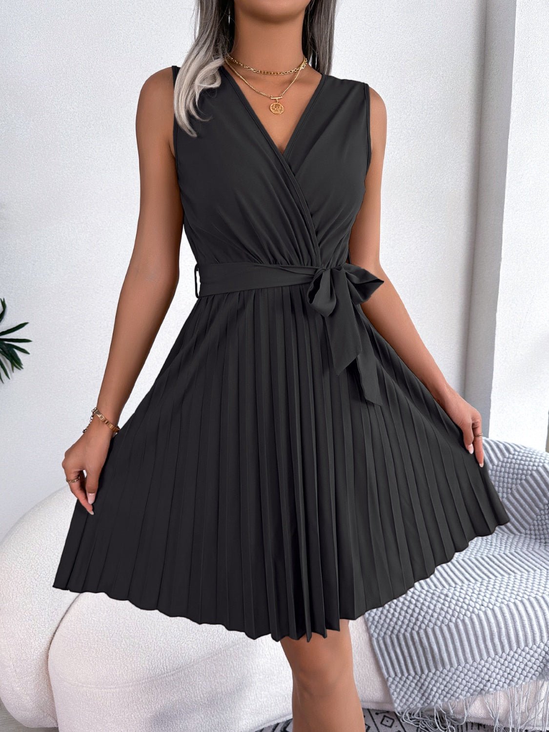 Tied Surplice Sleeveless Pleated Dress | Sugarz Chique Boutique