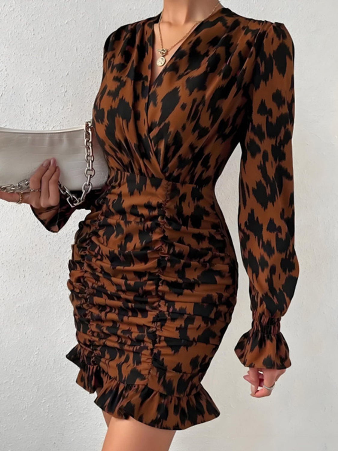 Ruched Ruffled Leopard Surplice Long Sleeve Dress | Sugarz Chique Boutique