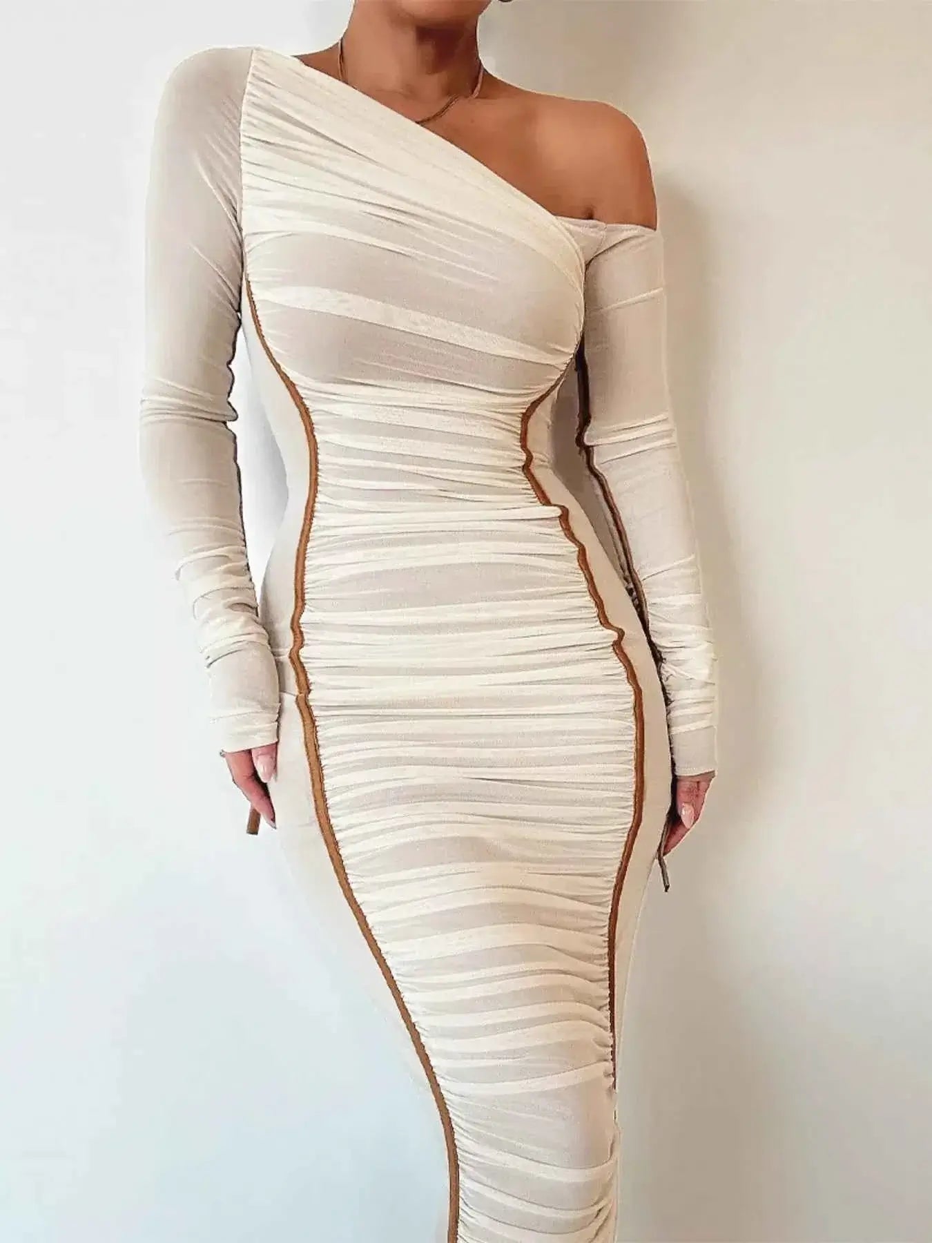 One-Shoulder Ruched Bodycon Midi Dress