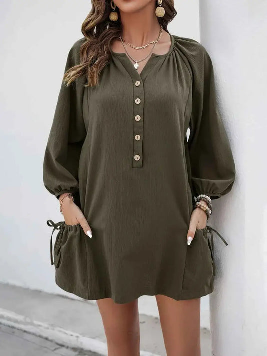 Button Front Balloon Sleeve Dress